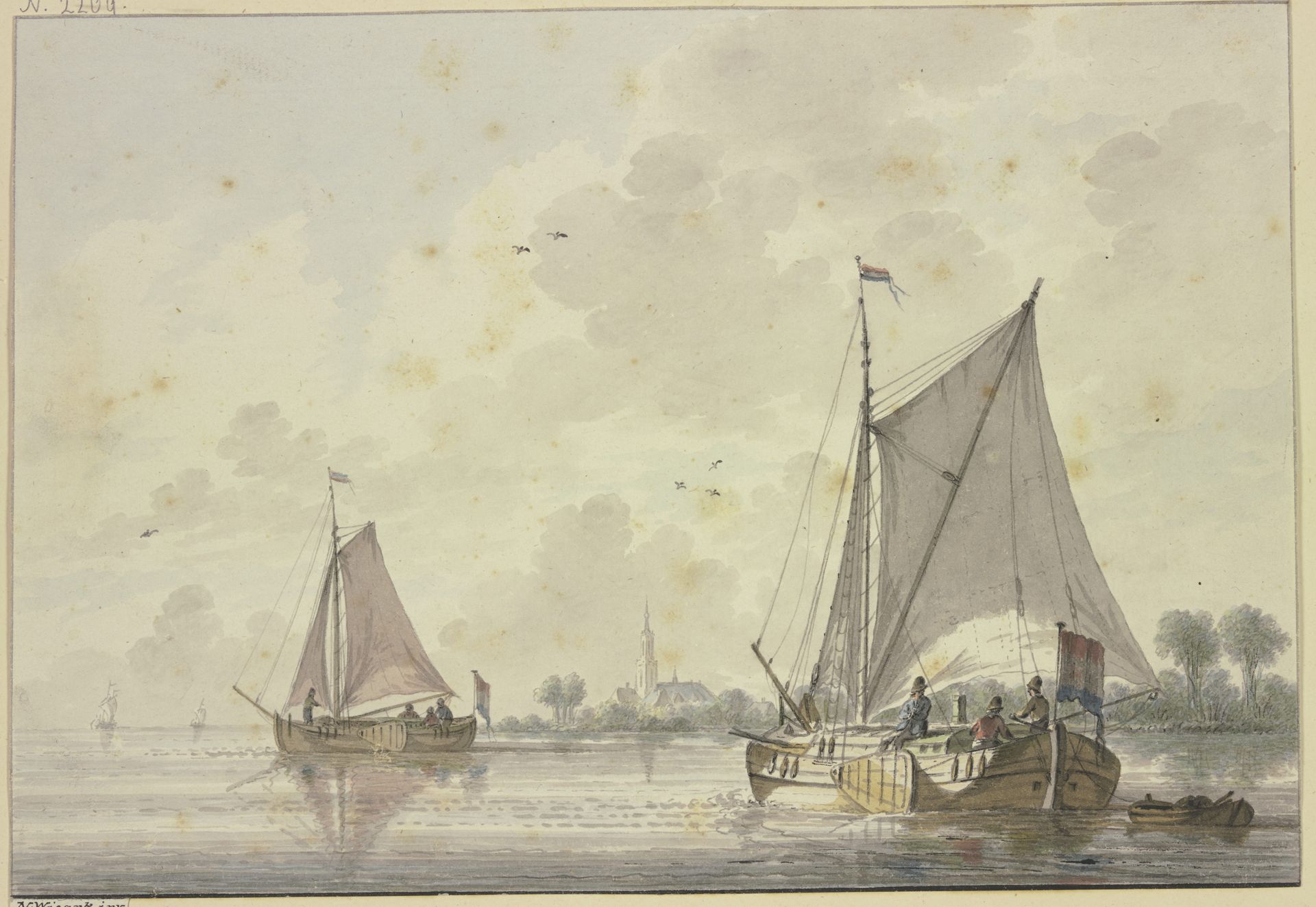 Zwei Schiffe auf einem sehr breiten Strom segelnd, am Ufer zwischen Bäumen eine Kirche by Nicolaas Wicart