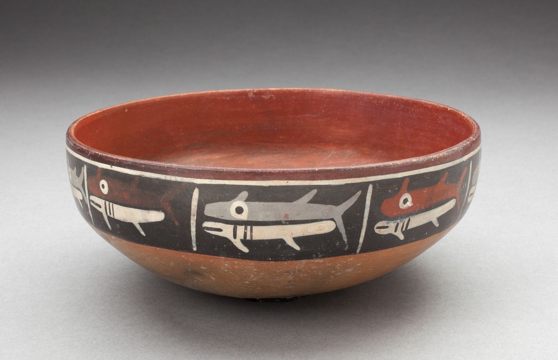 Bowl Depicting Row of Fish or Sharks Separated by Vertical Lines by Nazca