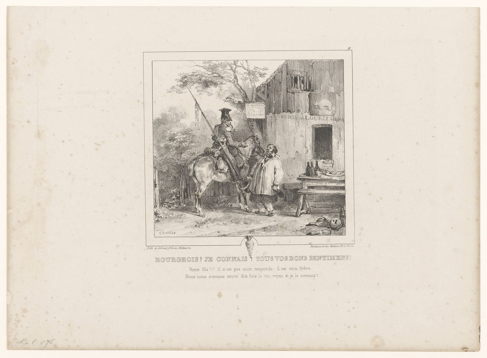 Lansier spreekt een herbergier aan by Nicolas Toussaint Charlet