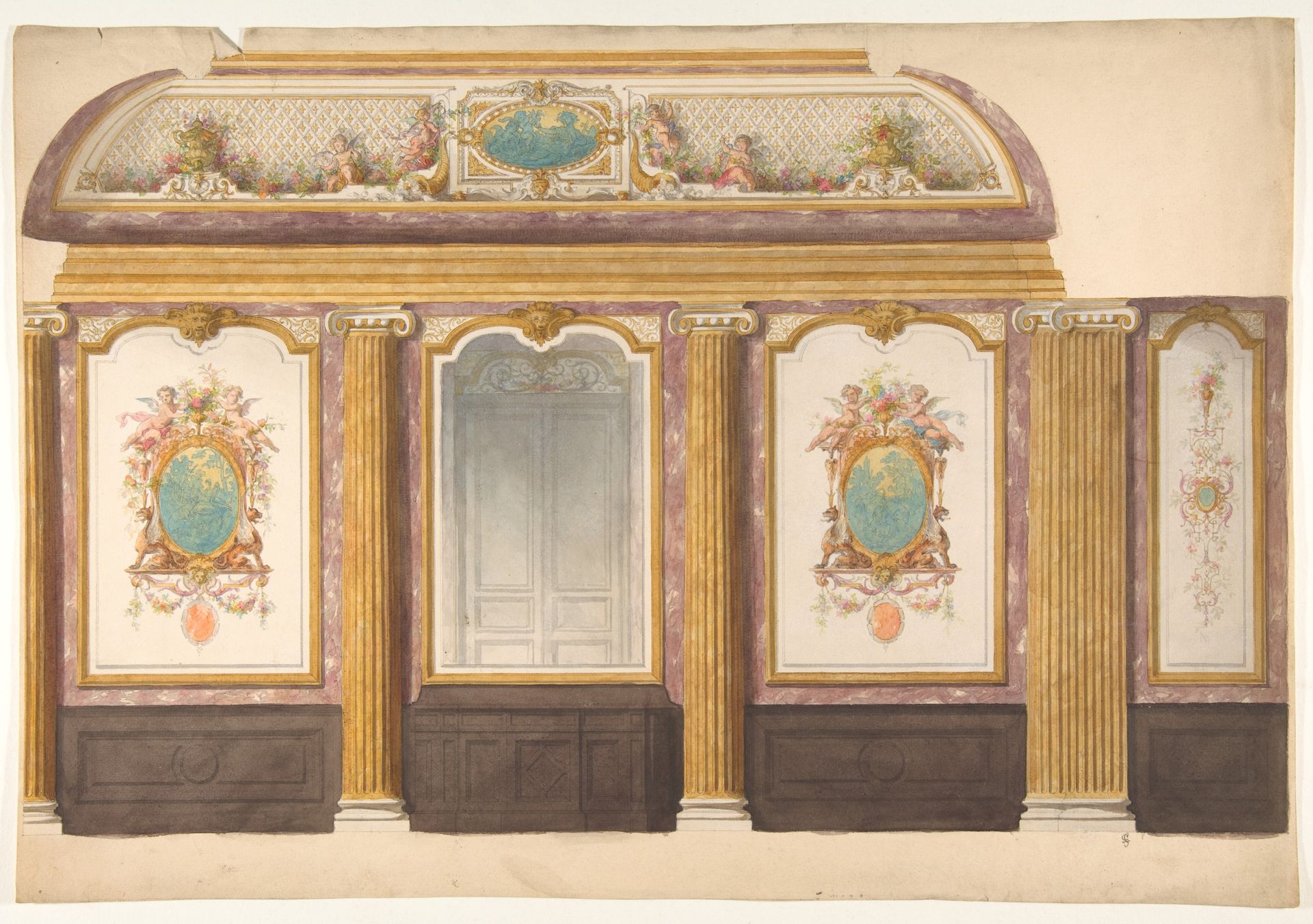 Design for wall panels with putti and flower garlands by Jules-Edmond-Charles Lachaise