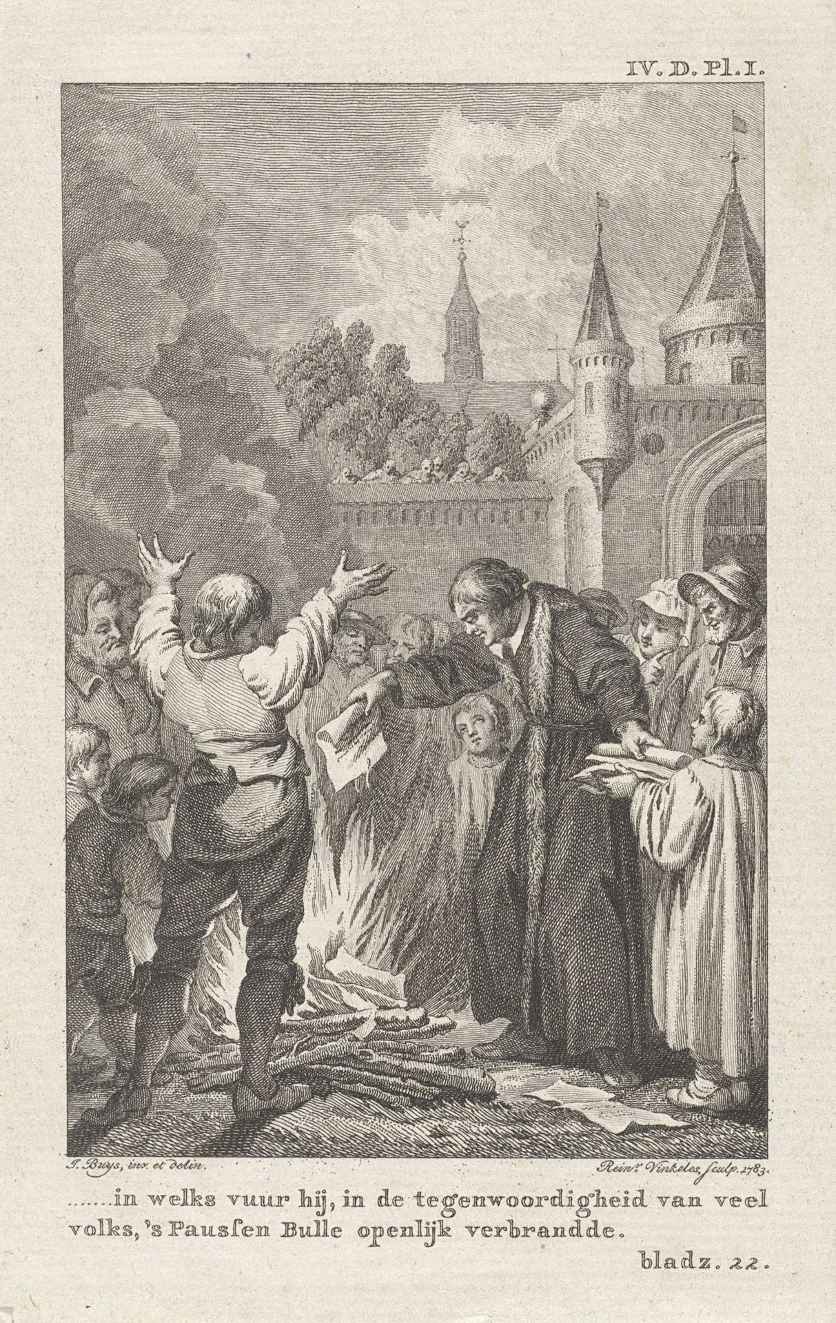 Martin Luther verbrandt de pauseijke bul by Reinier Vinkeles
