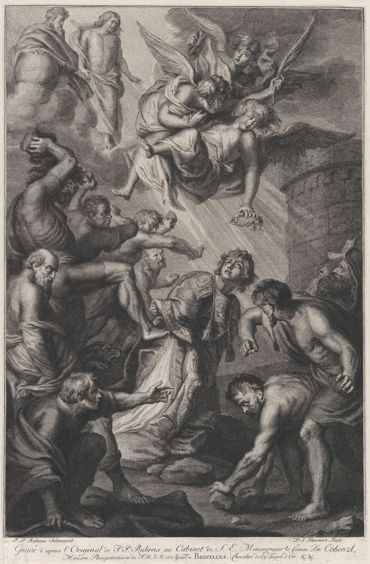 The Martyrdrom of Saint Stephen, kneeling at center while persecutors throw stones at him, three angels holding a laurel wreath overhead, and Christ and God the Father in the clouds at upper left by Phillip Joseph Tassaert