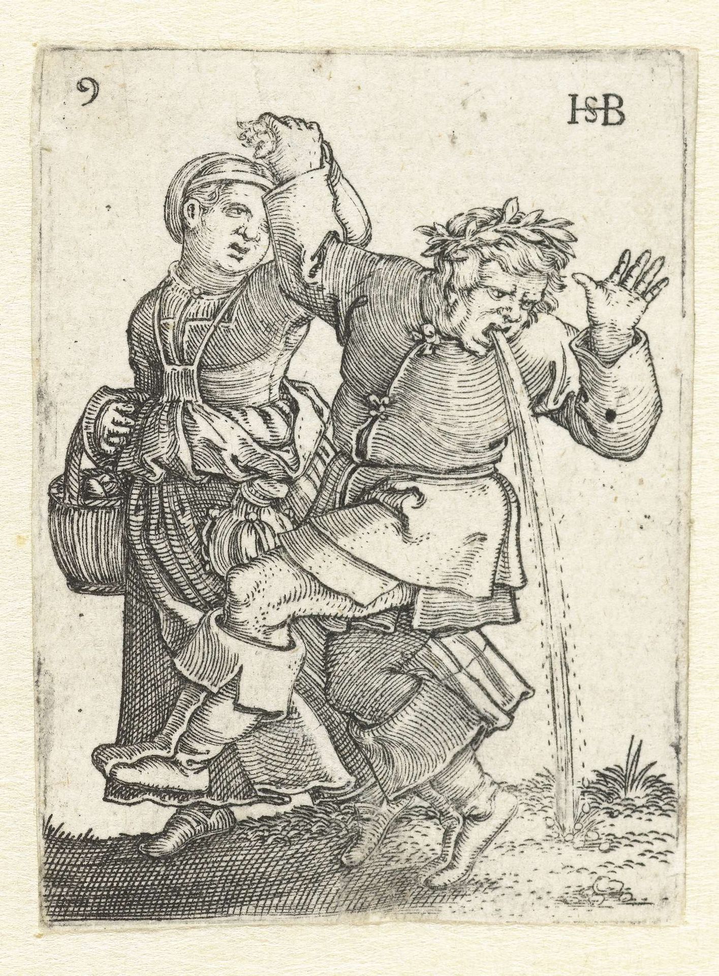 Dansend boerenpaar, man geeft over by Sebald Beham