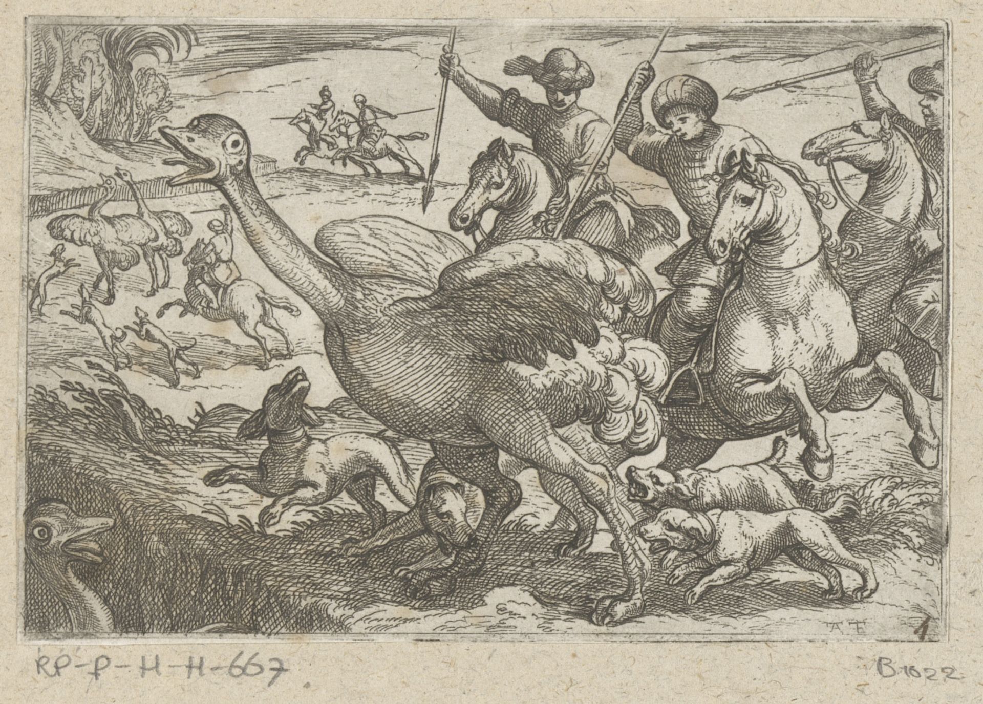 Mannen en honden jagen op een struisvogel by Antonio Tempesta