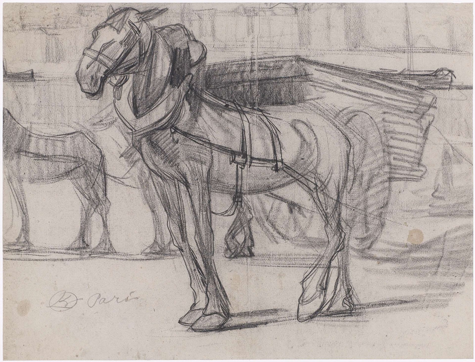 Studie van twee paarden voor een kar te Parijs by Gerrit Willem Dijsselhof