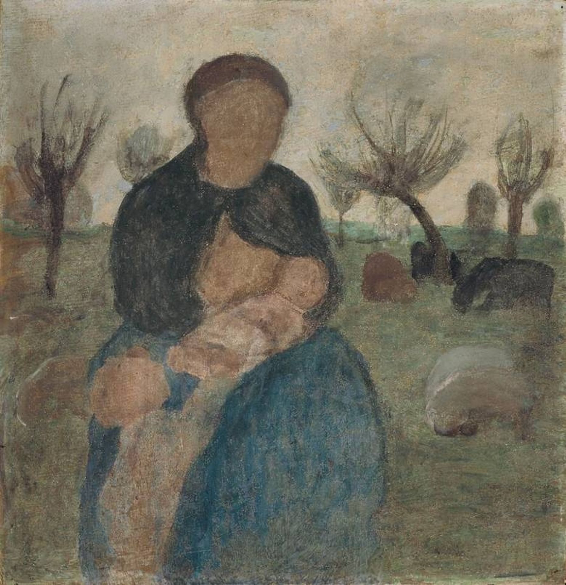 Mother with baby at her breast, and child in landscape by Paula Modersohn-Becker