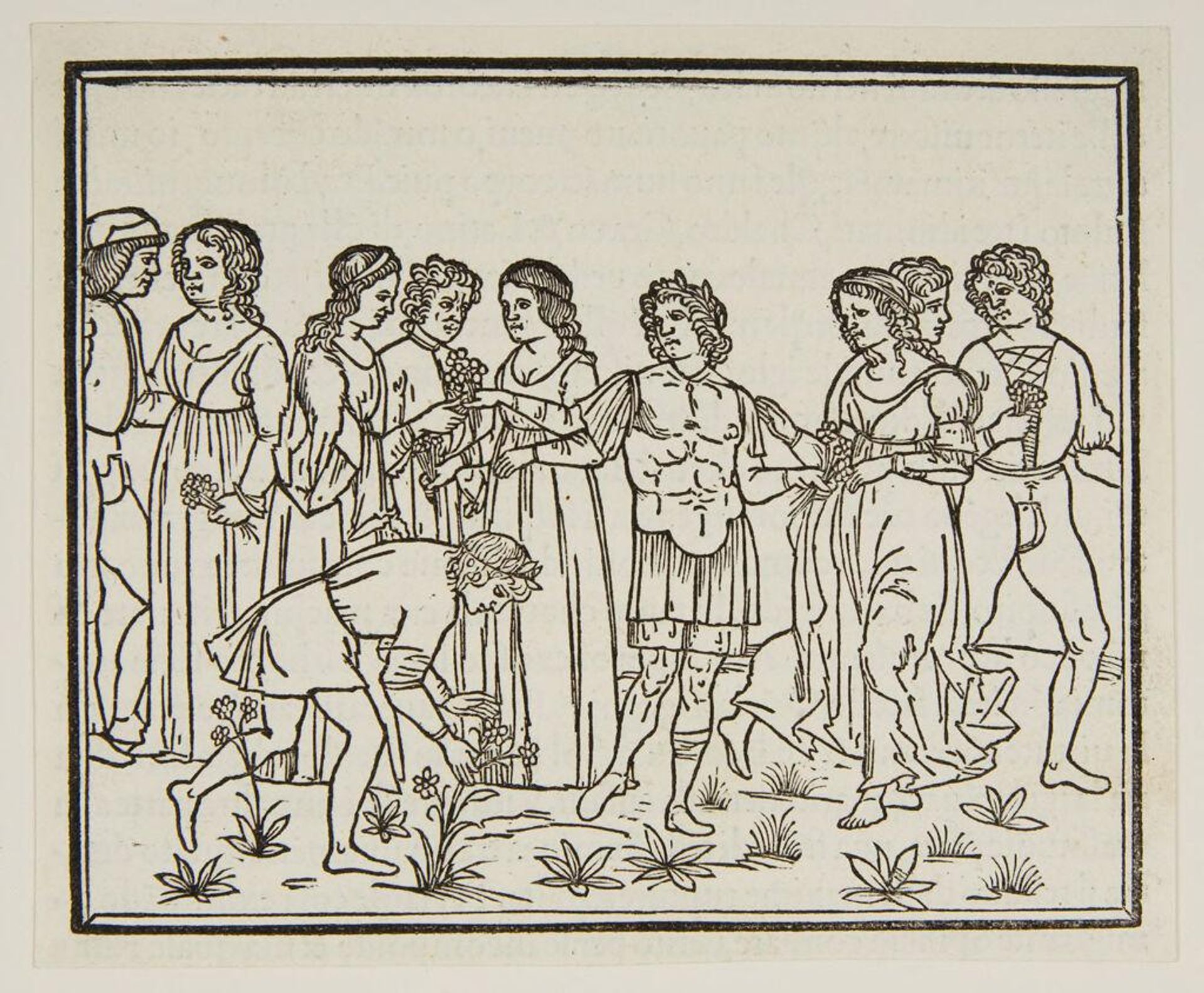 One side of the pedestal of the bronze horse, with a relief of a young man, in the costume of a Roman warrior, crowned with a wreath, distributing flowers among the young couples (fol. b vi recto) by Anonymous