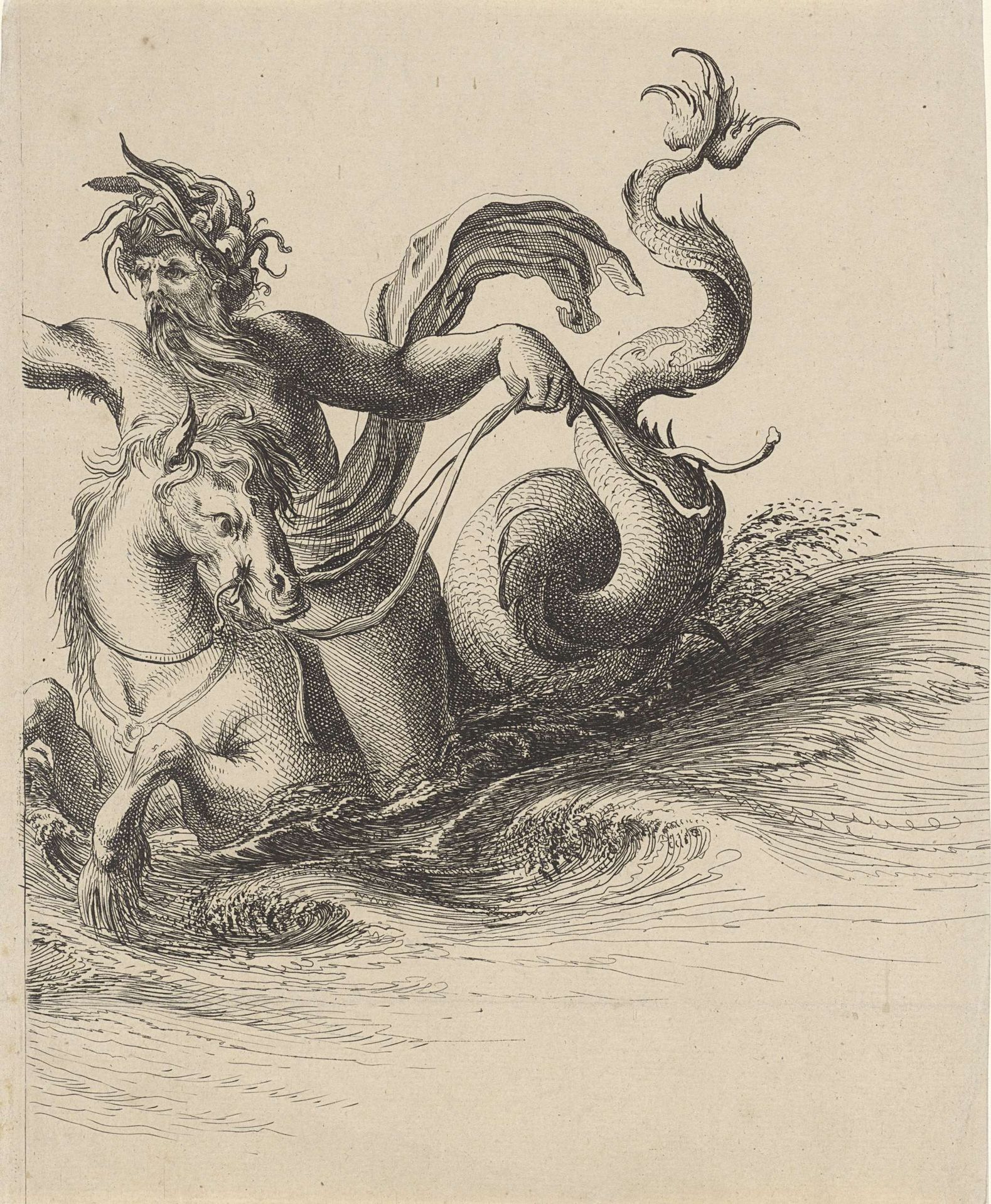 Naakte man met baard en hoofdtooi van rietstengels op de rug van een zeepaard by Salomon Savery