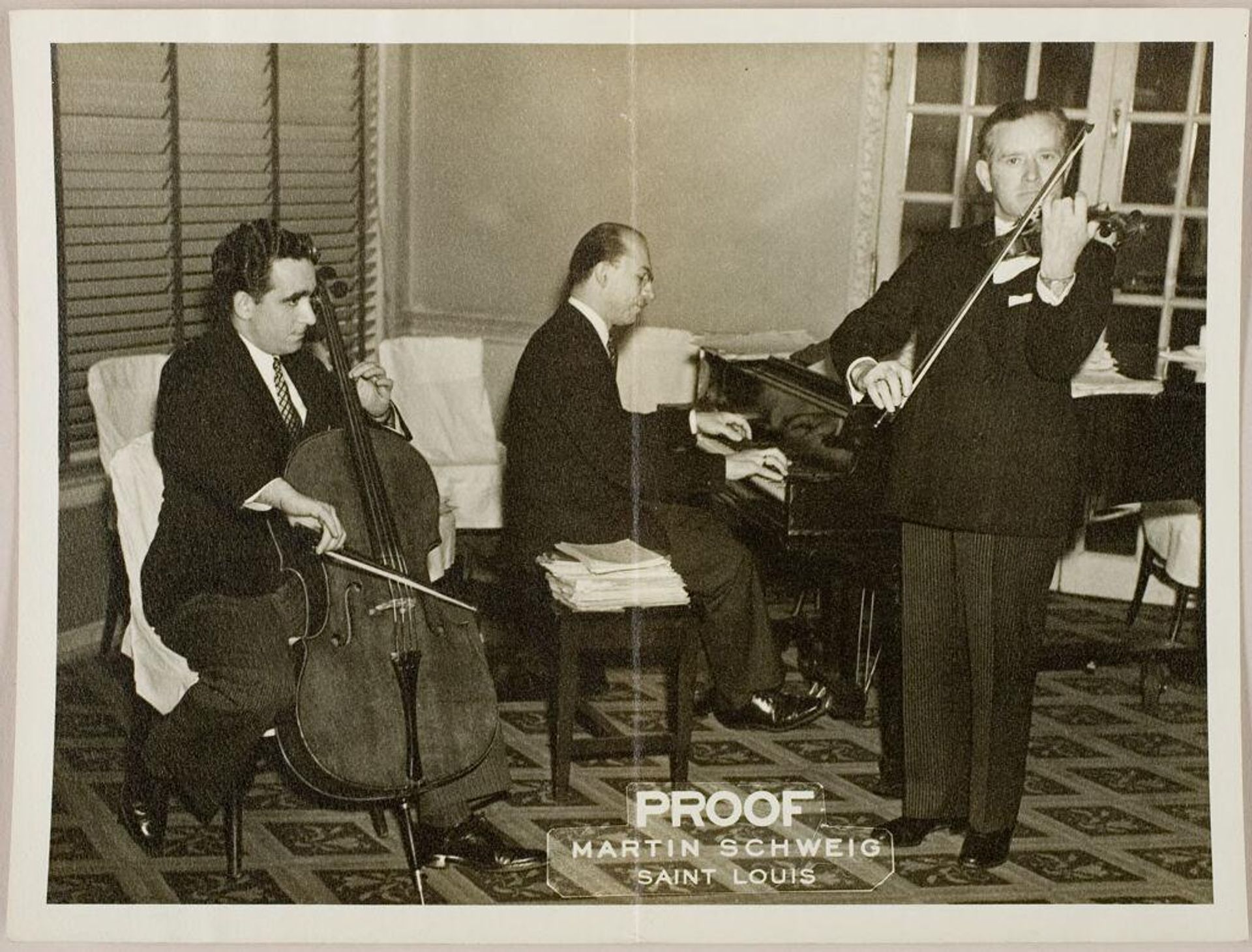 Untitled (three men playing instruments in fancy carpeted room) by Martin Schweig
