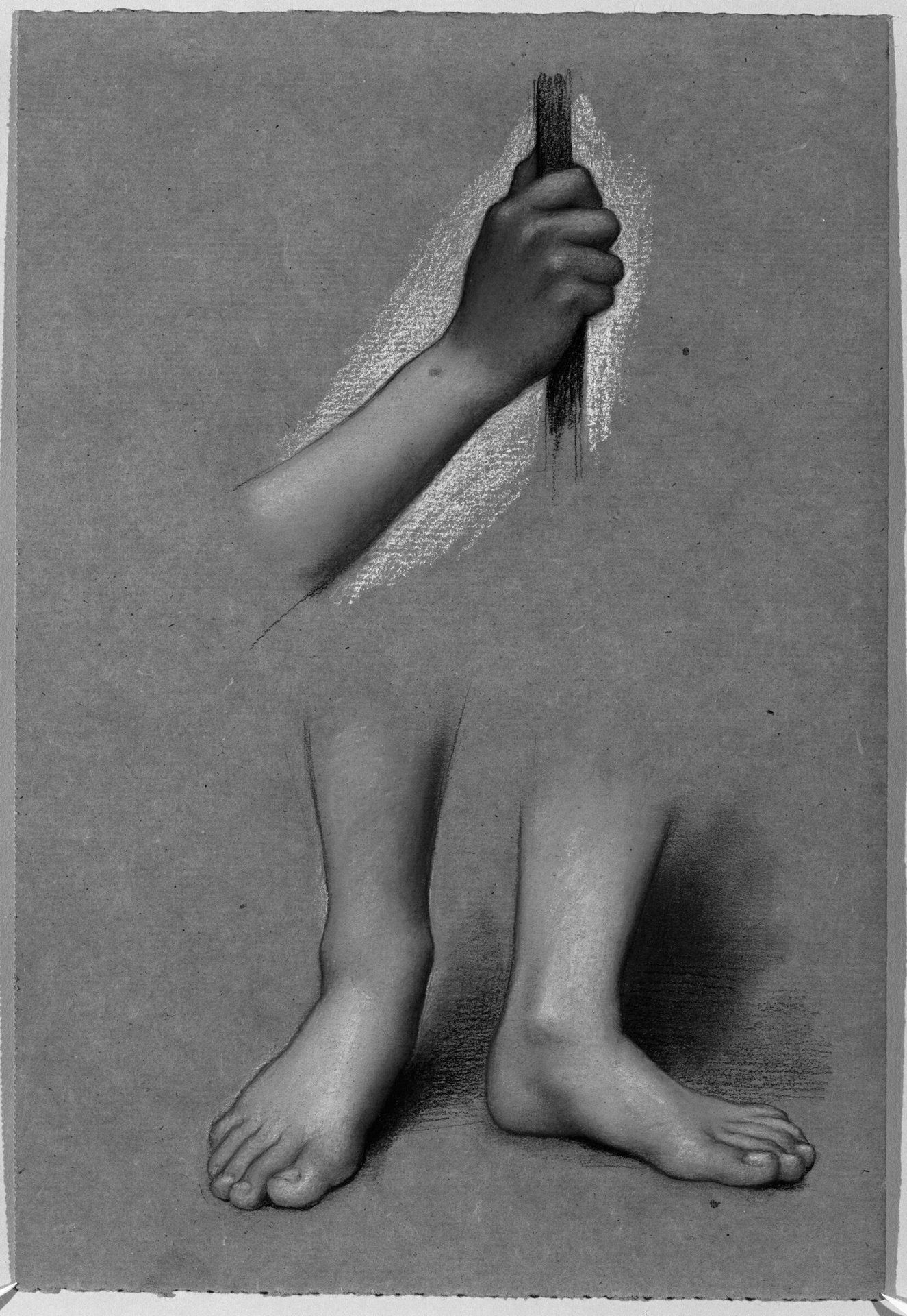 Studies of Right Hand Holding a Staff and Left and Right Feet of Semi-nude Poor Woman at Far Left for "Saint Christina" by Evelyn De Morgan