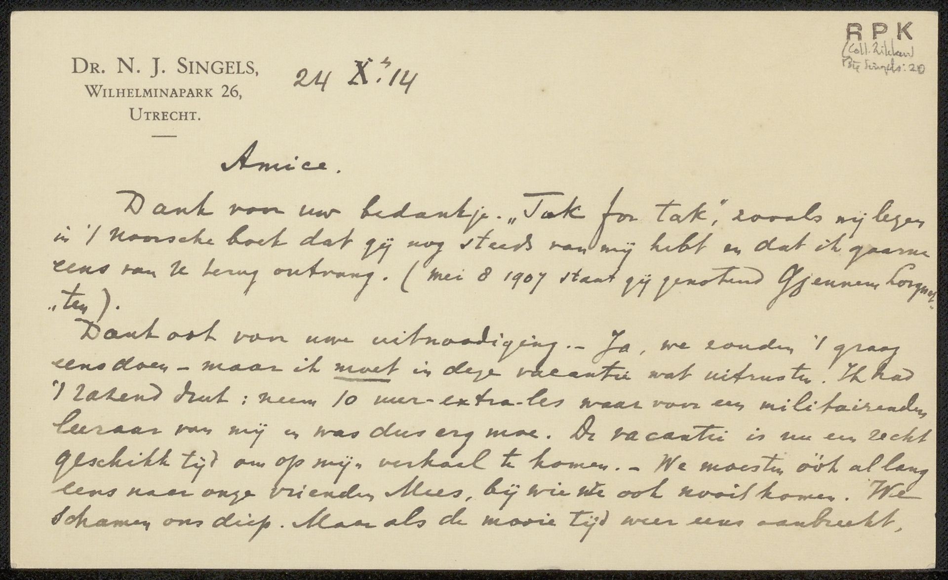 Brief aan Philip Zilcken by N.J. Singels