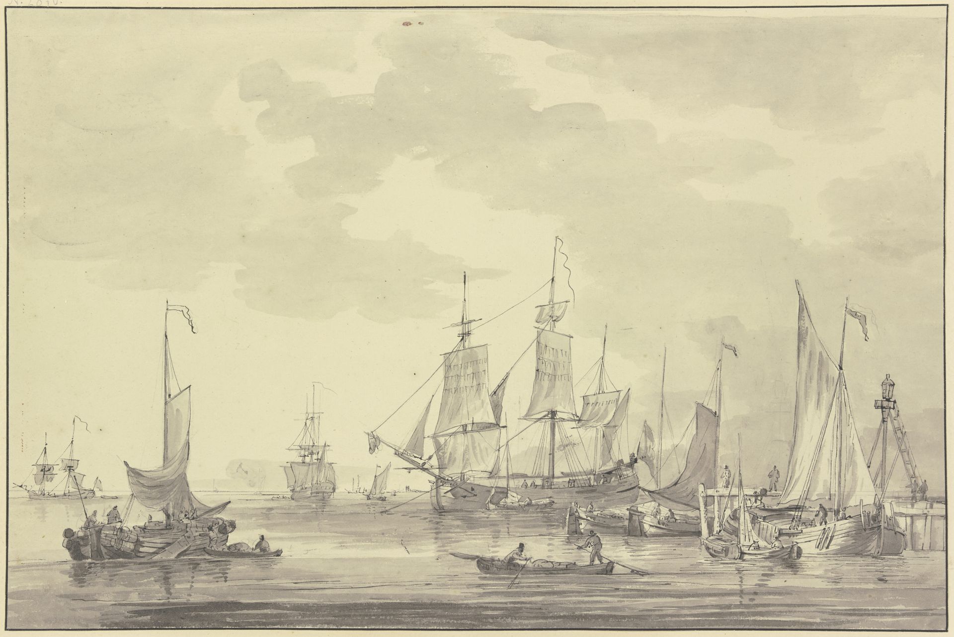 Schiffe vor einem Damm mit Laterne und Leiter by Gerrit Groenewegen