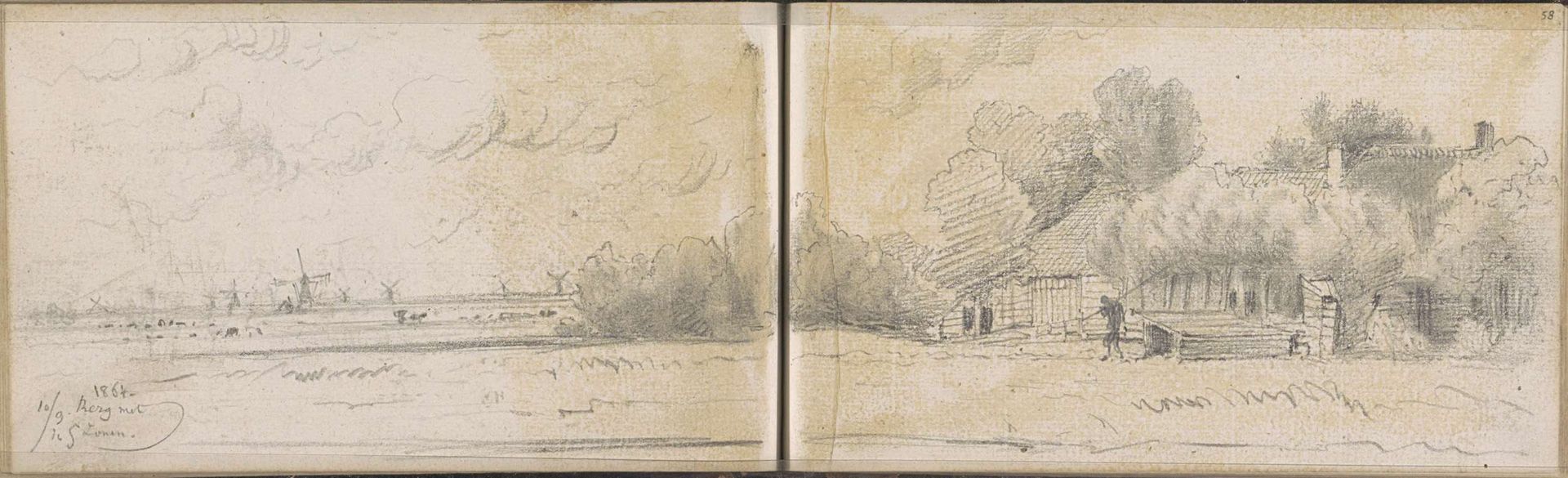 Landschap met molens, vee en een huis tussen de bomen by Johannes Tavenraat