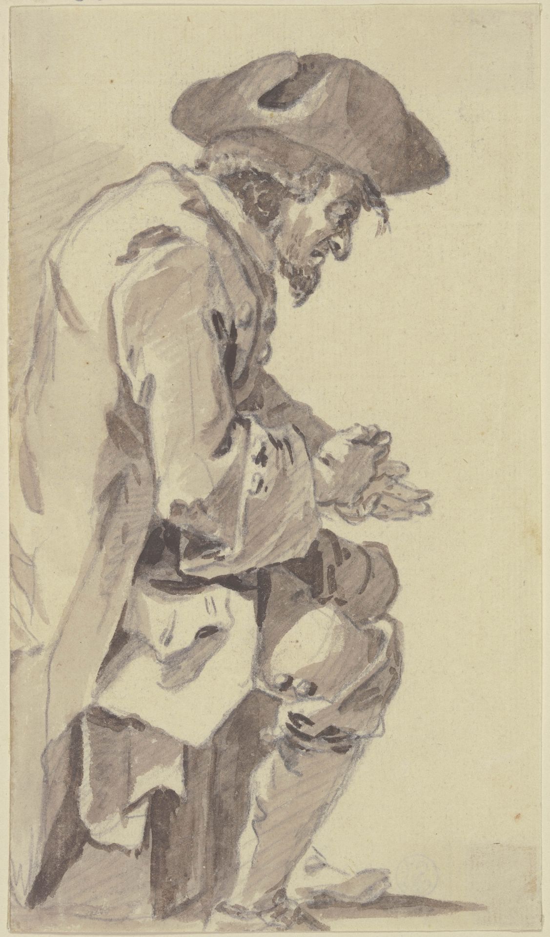 Vorgebeugt sitzender alter Mann mit Dreispitz, im Profil nach rechts by Georg Melchior Kraus