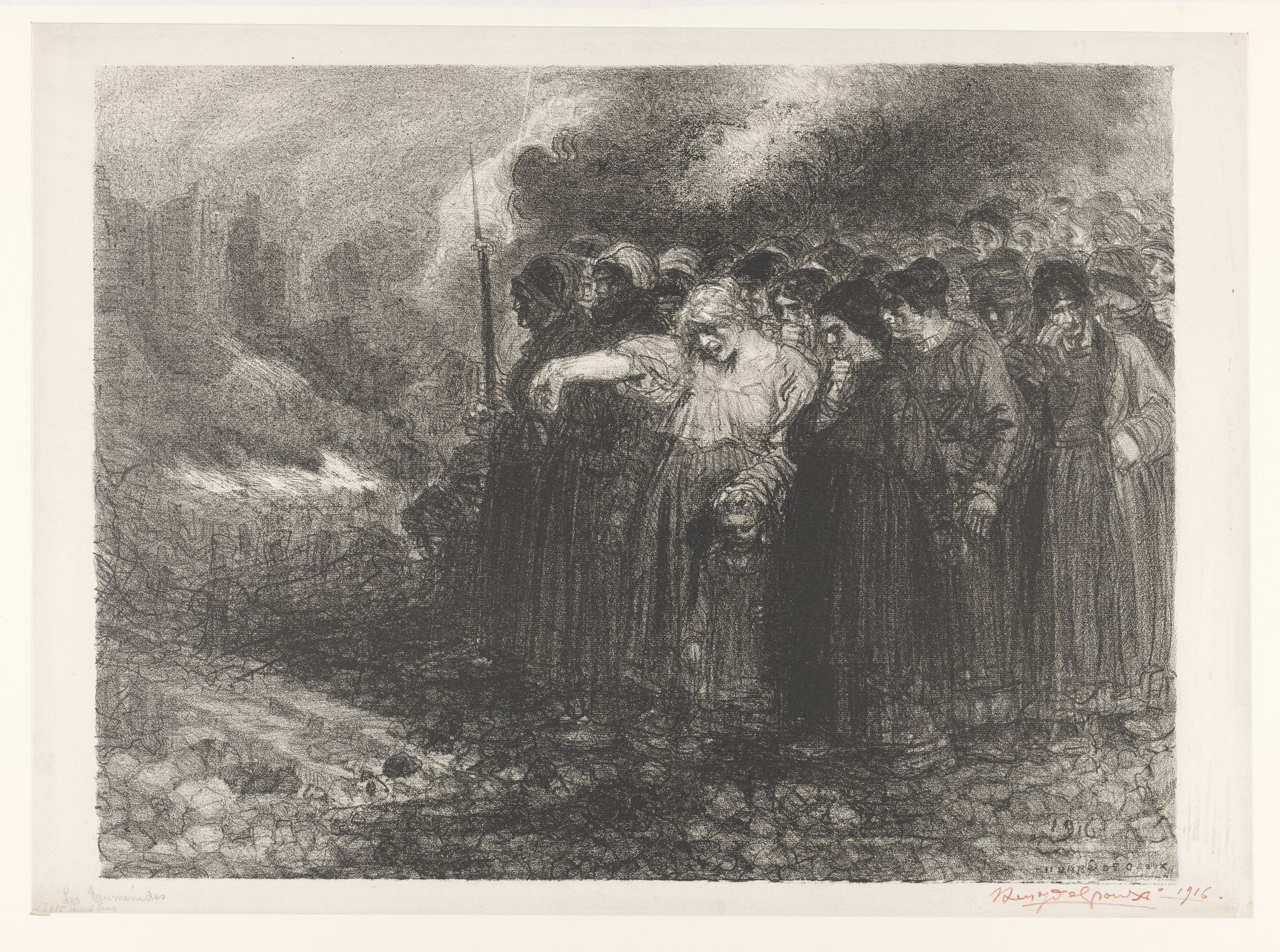 Menigte aan de rand van een verwoeste stad by Henri de Groux
