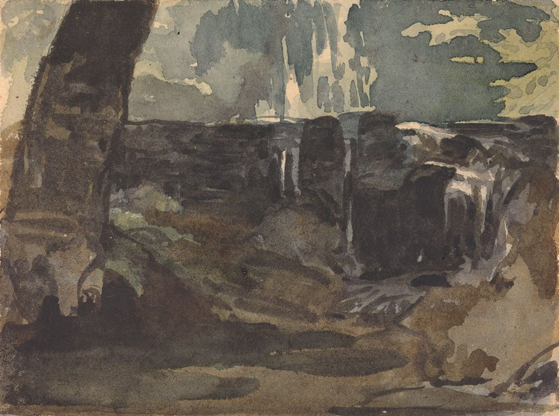 Rocky Landscape, Large Tree Trunk in Foreground by Thomas Sully