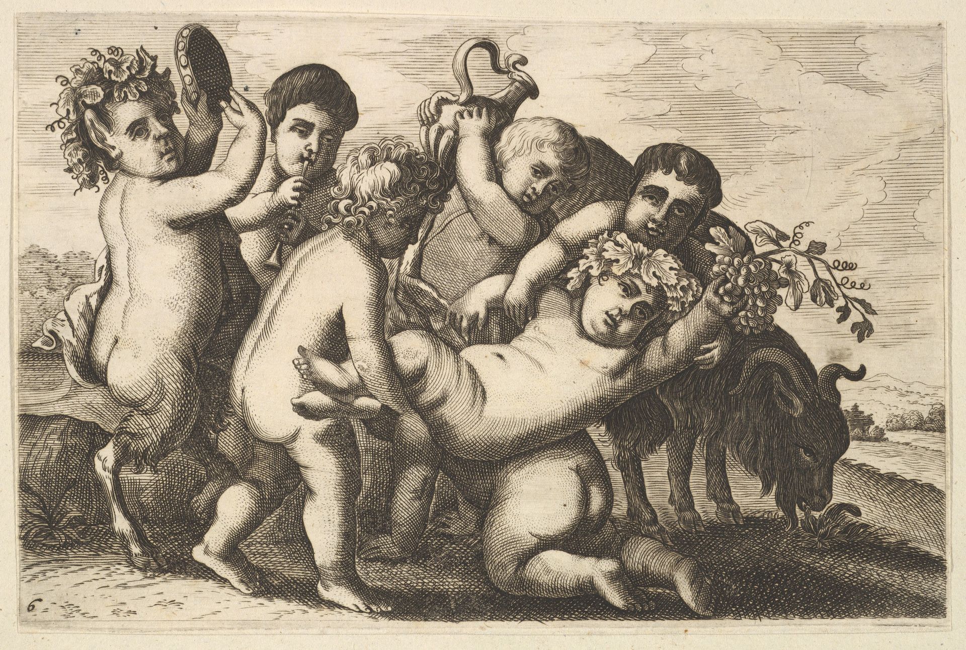 Five boys, two satyrs, and a goat (copy in reverse) by Wenceslaus Hollar