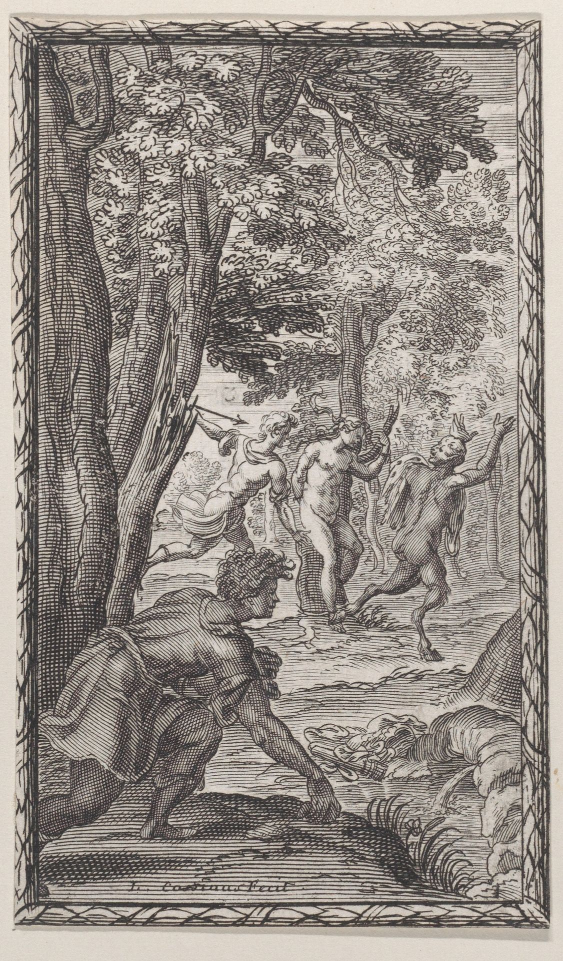 Landscape with a man driving a satyr away from a nymph bound to a tree by Louis Cossin