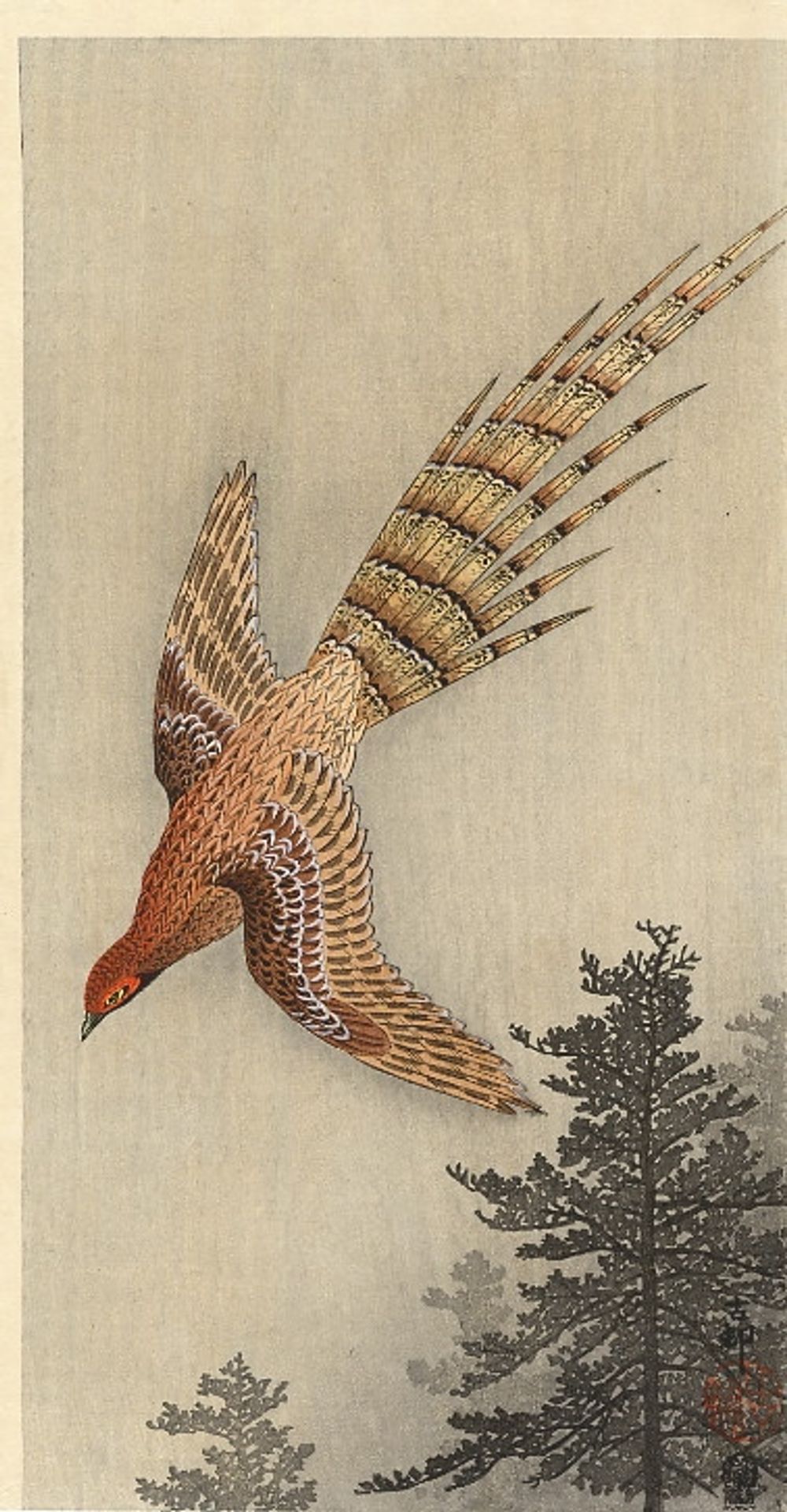 Quail over the forest by Ohara Koson