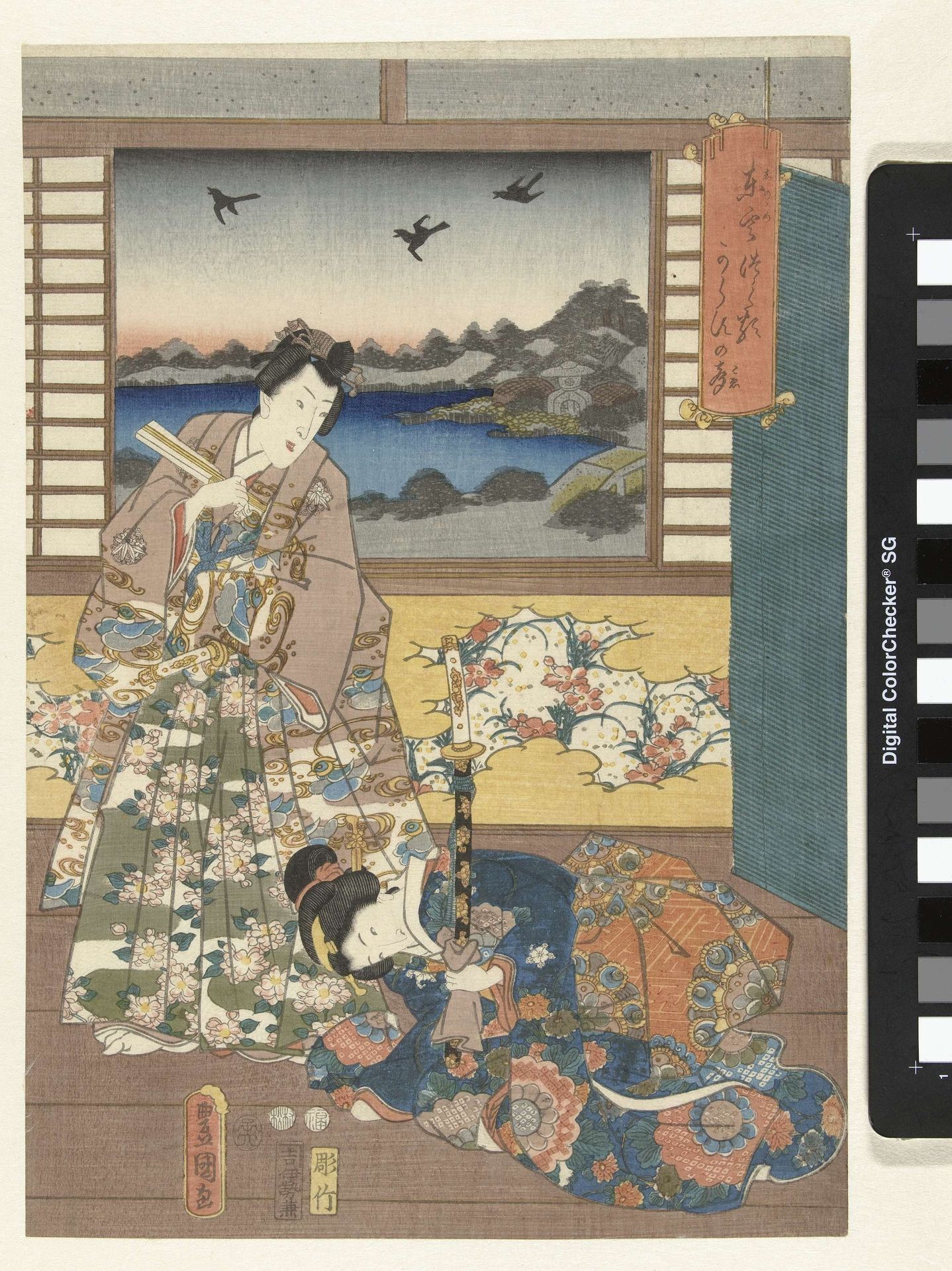 Prins Genji en knielende vrouw by Utagawa Kunisada