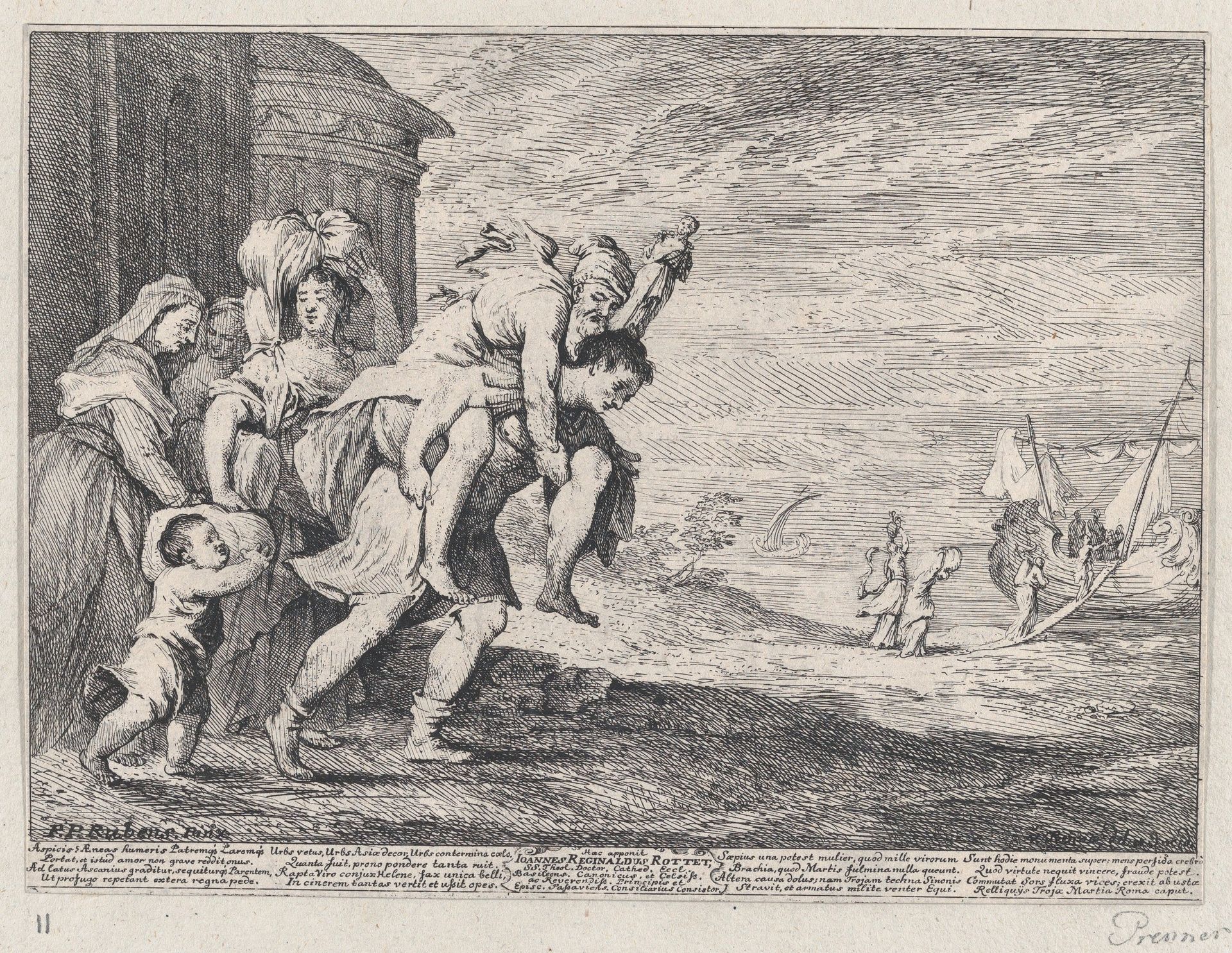 Aeneas fleeing Troy, with a group of six figures leaving the city at left, Aeneas carrying his father Anchises on his back, followed by his wife Creusa and his son Ascanius, two servants at far left by Anton Joseph von Prenner
