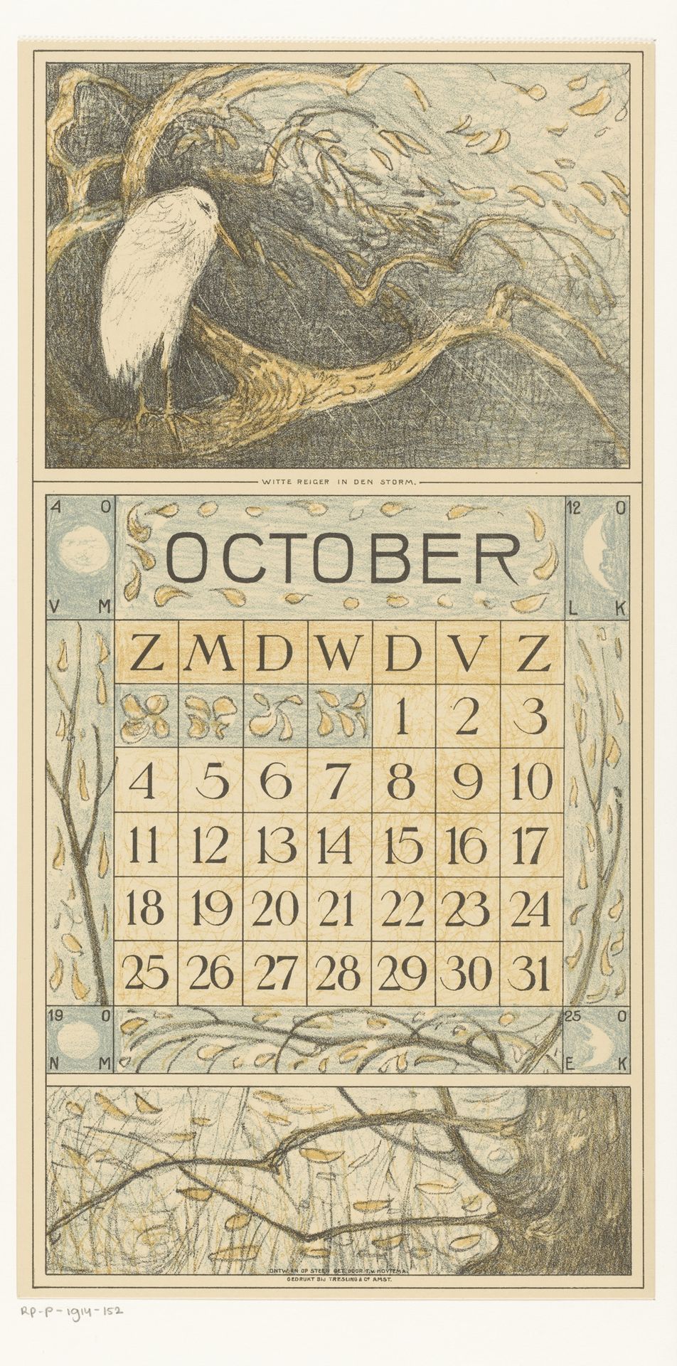Kalenderblad oktober met reiger in de regen by Theo van Hoytema