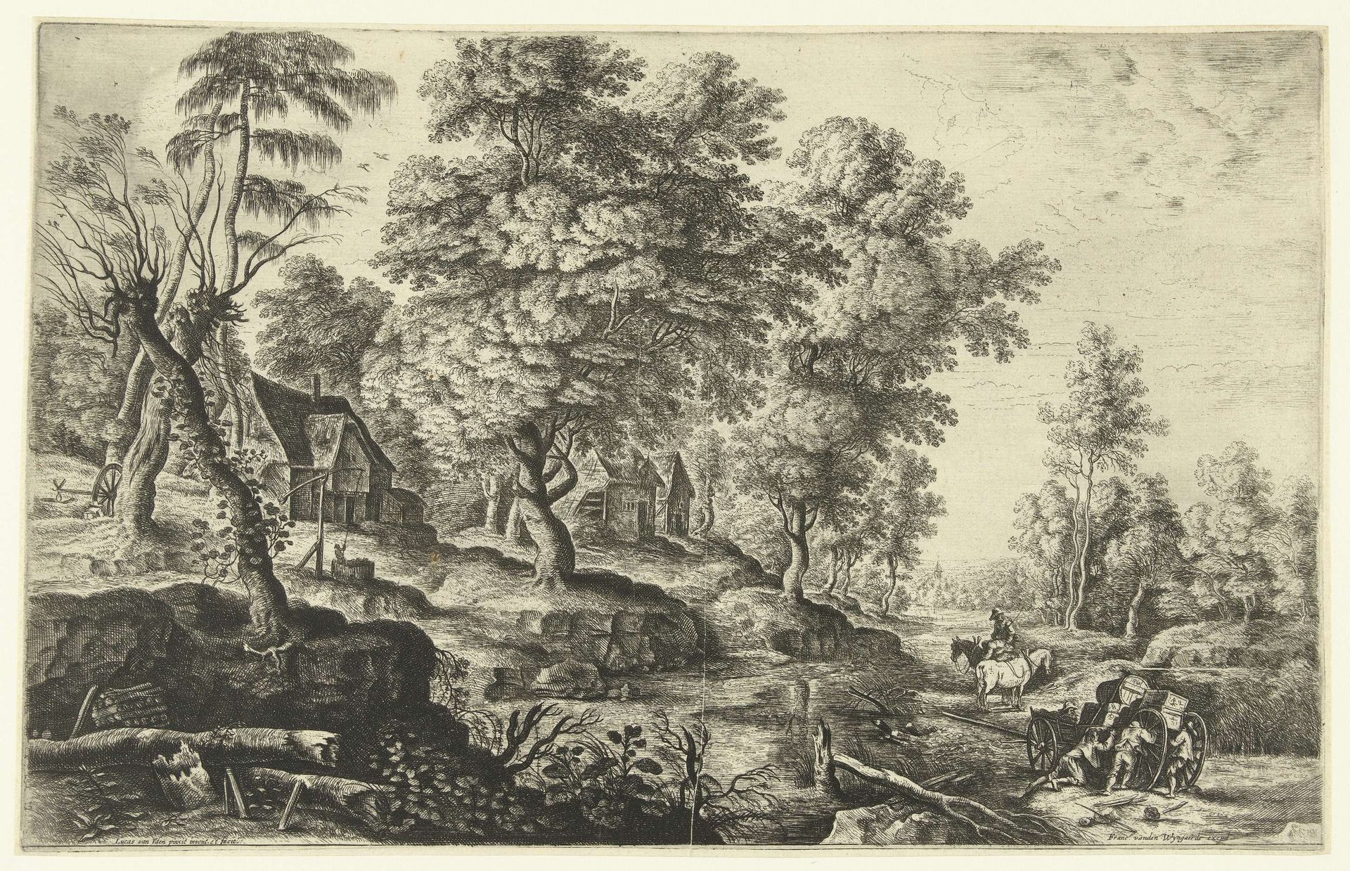 Landschap met mannen die uitgespannen wagen duwen by Lucas van Uden