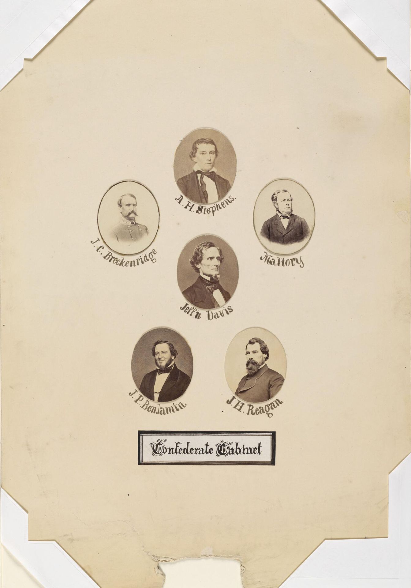 Confederate Cabinet (maquette for carte de visite photograph, including six albumen silver prints depicting John C. Breckenridge, Alexander H. Stephens, Stephen R. Mallory, Jefferson Davis, Judah P. Benjamin, and John H. Reagan) by Mathew B. Brady