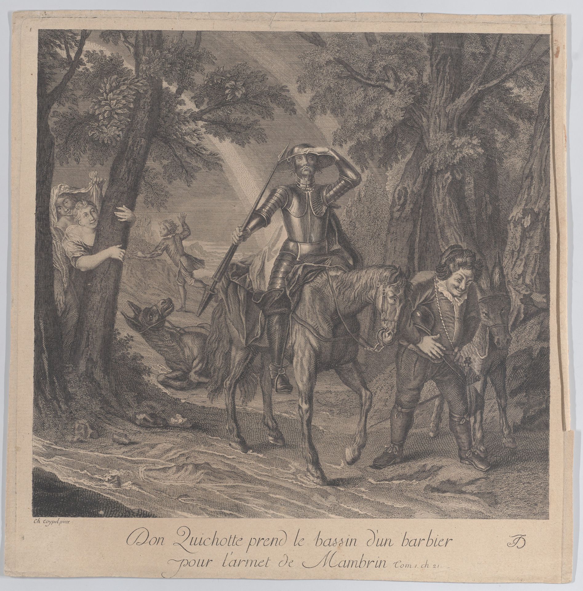Don Quixote on horseback with a barber's bowl on his head as a hat by Louis Surugue