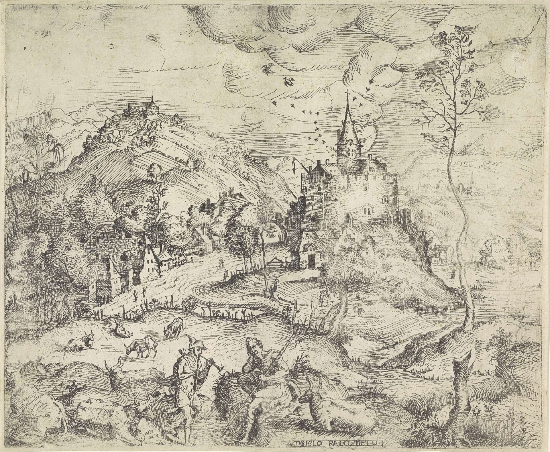 Landschap met Mercurius die de kudde van Apollo steelt by Angelo Falconetto