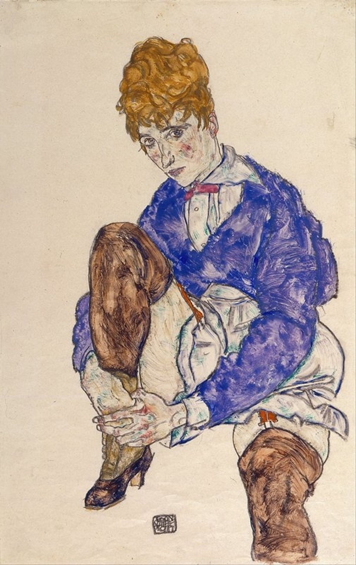 Portrait of the Artist’s Wife Seated, Holding Her Right Leg by Egon Schiele