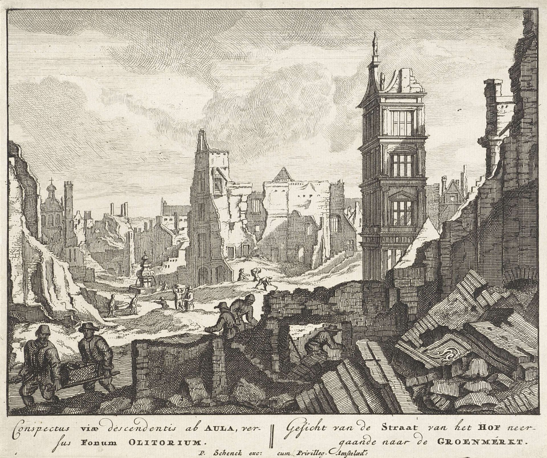 Ruïnes bij de Grasmarkt te Brussel, 1695 by Pieter Schenk