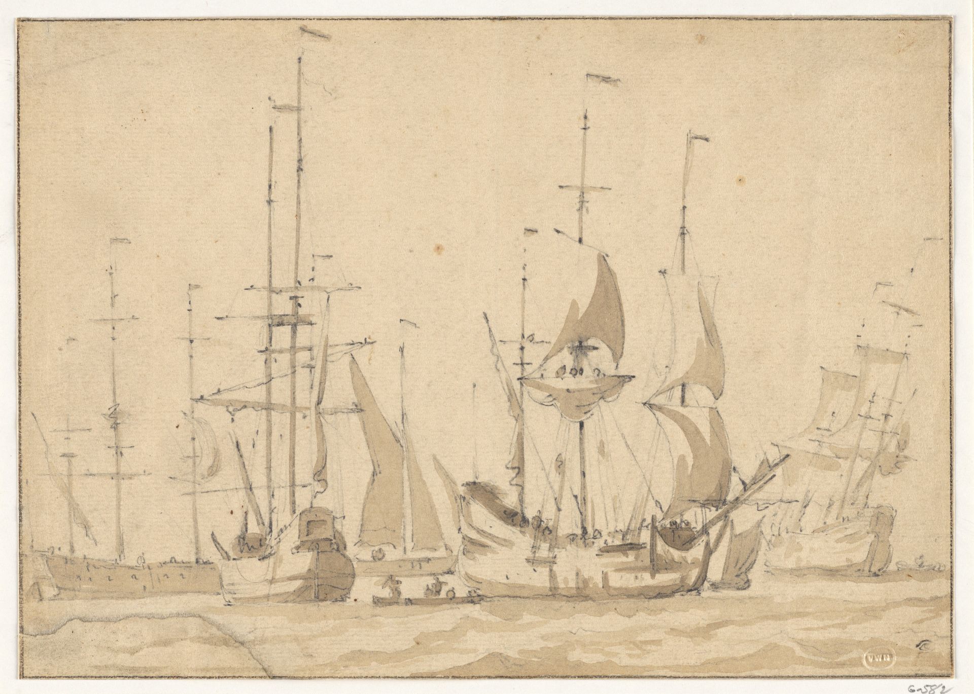 Dutch Merchant Ships at Anchor or under Easy Sail in a Moderate Breeze by Willem van de Velde I