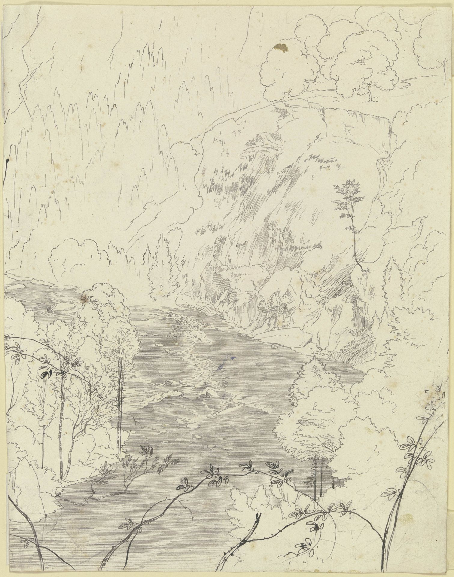 Wildbach in einem Gebirgstal zwischen hohen Hängen, vorne Zweige von Heckenrosen by Carl Philipp Fohr