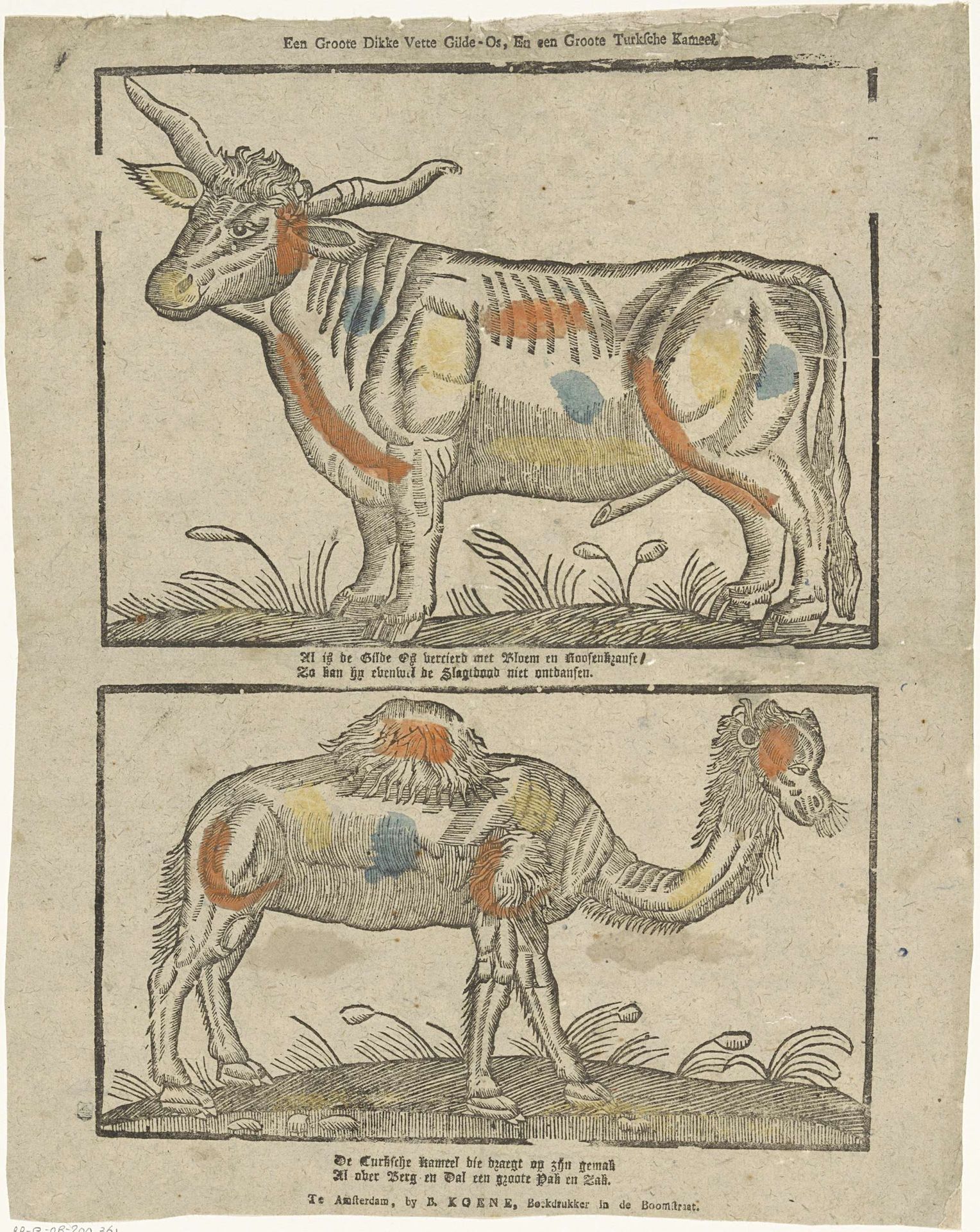 Een groote dikke vette gilde-os, en een groote Turksche kameel by Barend (III) Koene