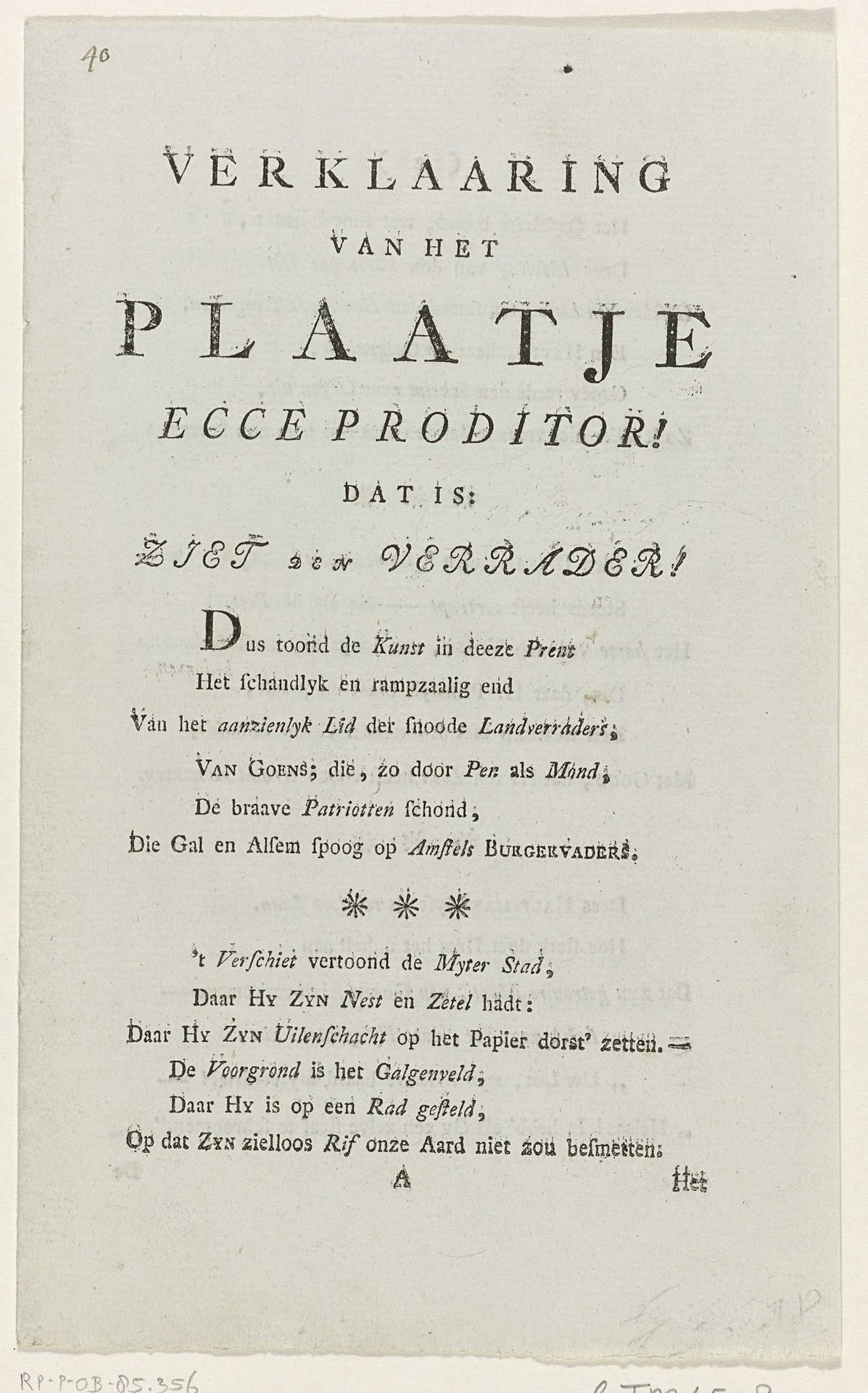 Verklaring van de spotprent op Rijklof Michael van Goens, 1784 by Anonymous