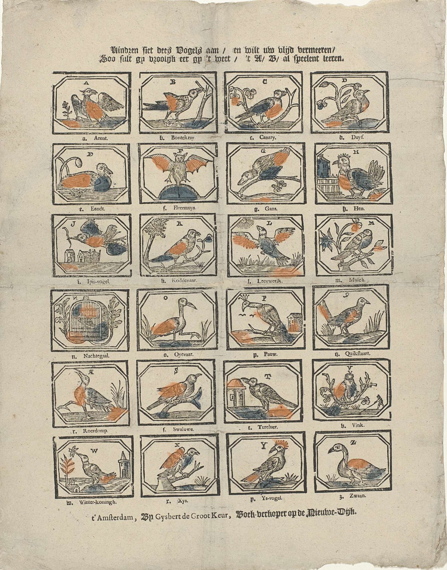 Kinderen siet dees Vogels aan / en wilt uw vlijd vermeeren / Soo sult gy vroolyk eer gy 't weet / 't A / B / al speelent leeren by Gijsbert de Groot Keur