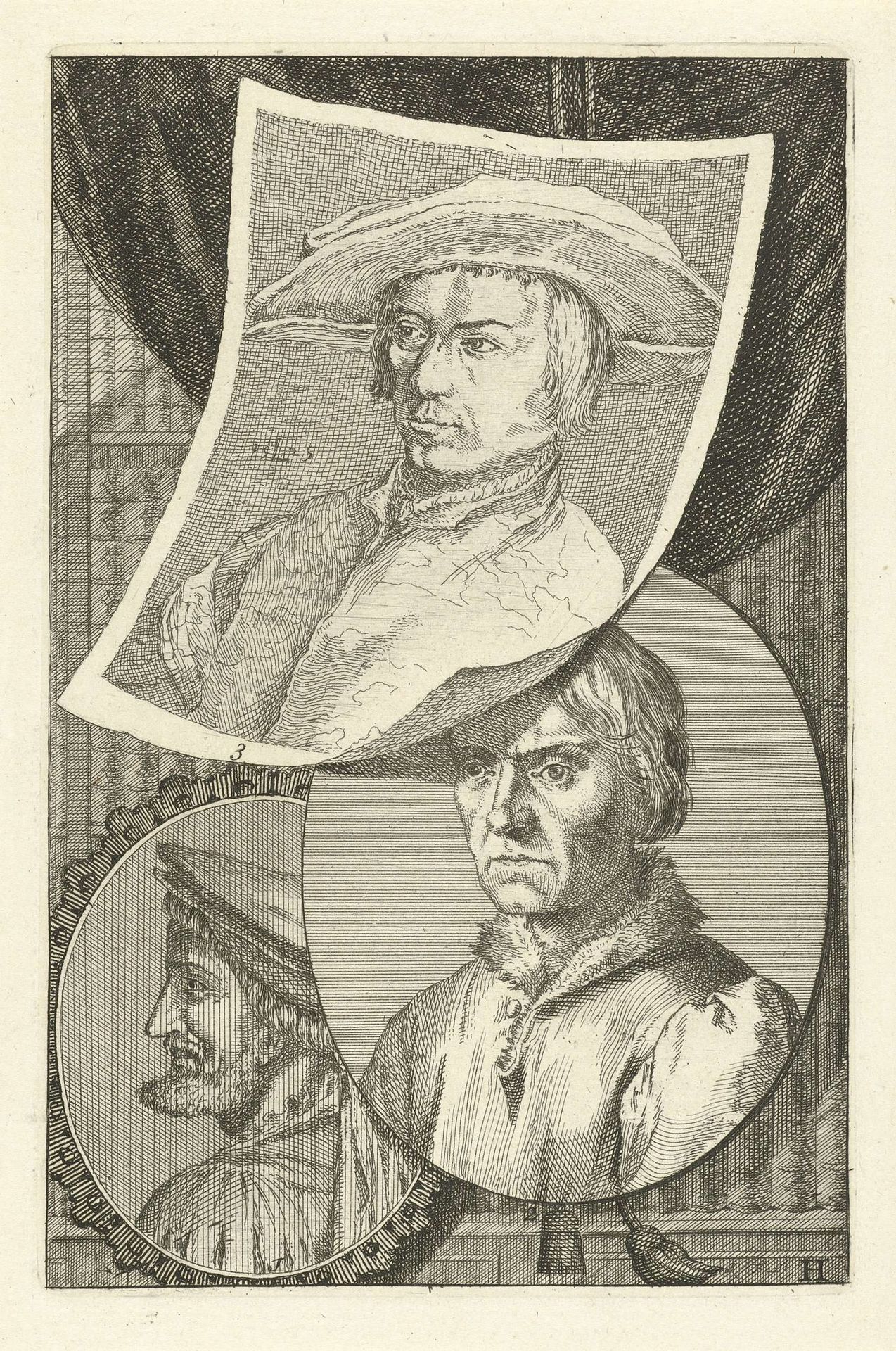 Portretten van Cornelis Engebrechtsz., Bernard van Orley en Lucas van Leyden by Jan l' Admiral