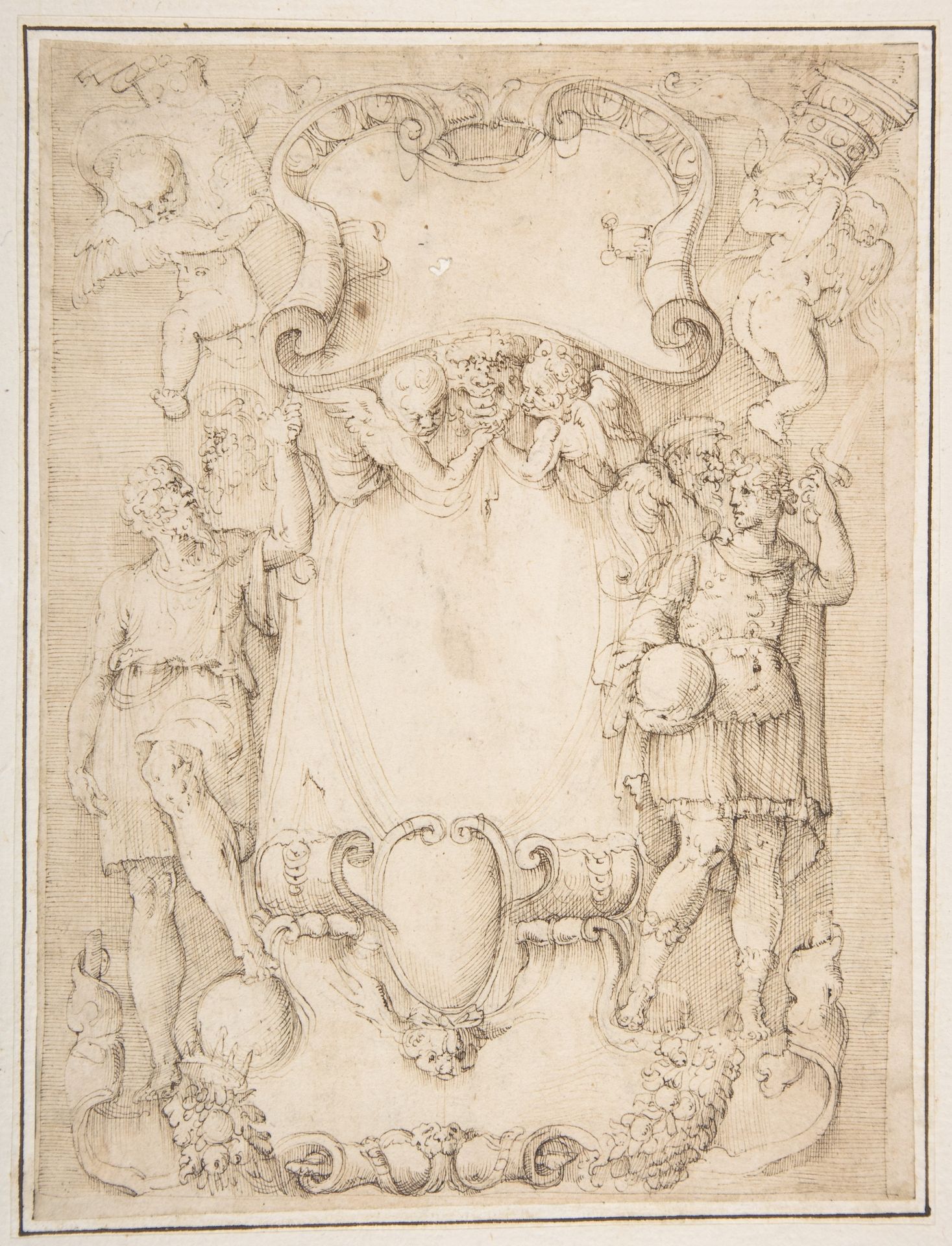 Drawing of Cartouche with Bearded Man Left, Young man crowned with Laurels Right, and Four Putti by Battista Franco