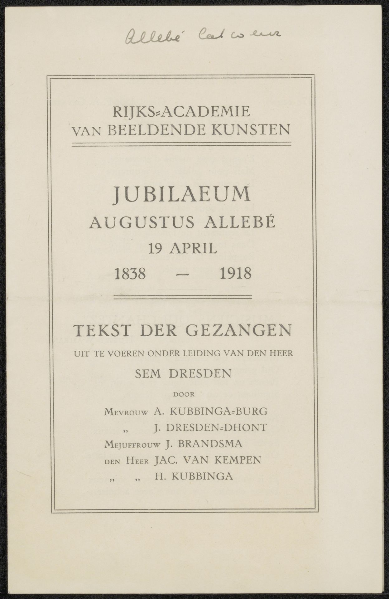 Programma voor het jubileum van August Allebé by 't Kasteel van Aemstel