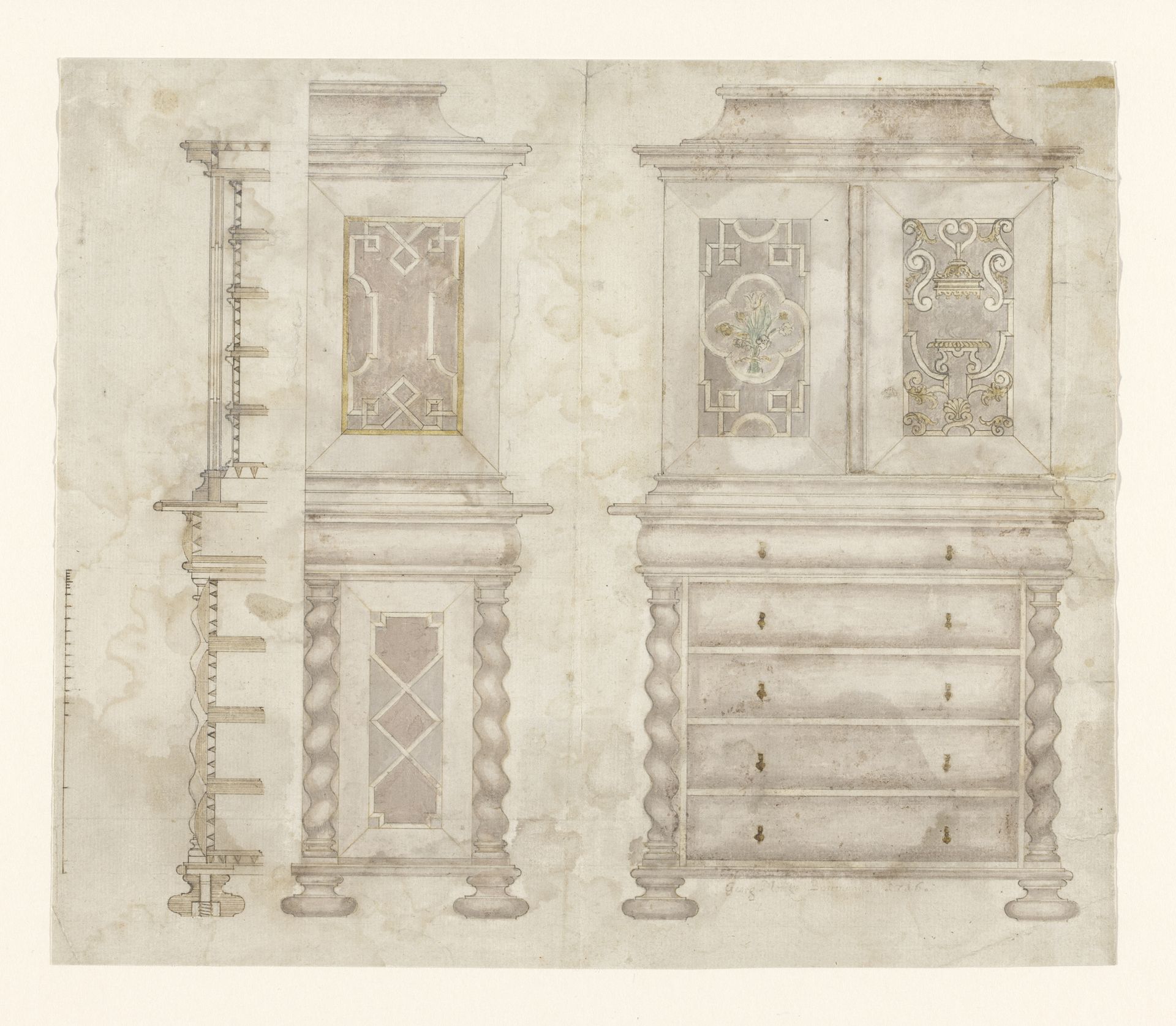 Ontwerp voor een verzamelaarskabinet op een commodevormig onderstel, met papieren deurtjes in de bovenkast by Georg Moritz Borrmann