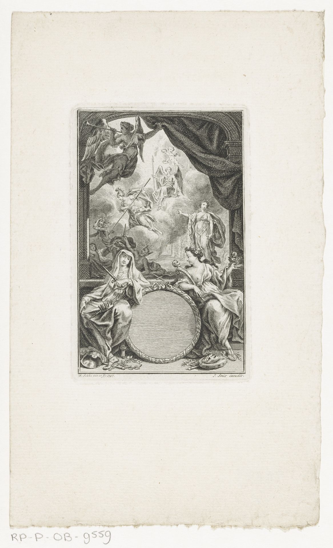 Medaillon geflankeerd door Melpomene en Thalia by Simon Fokke