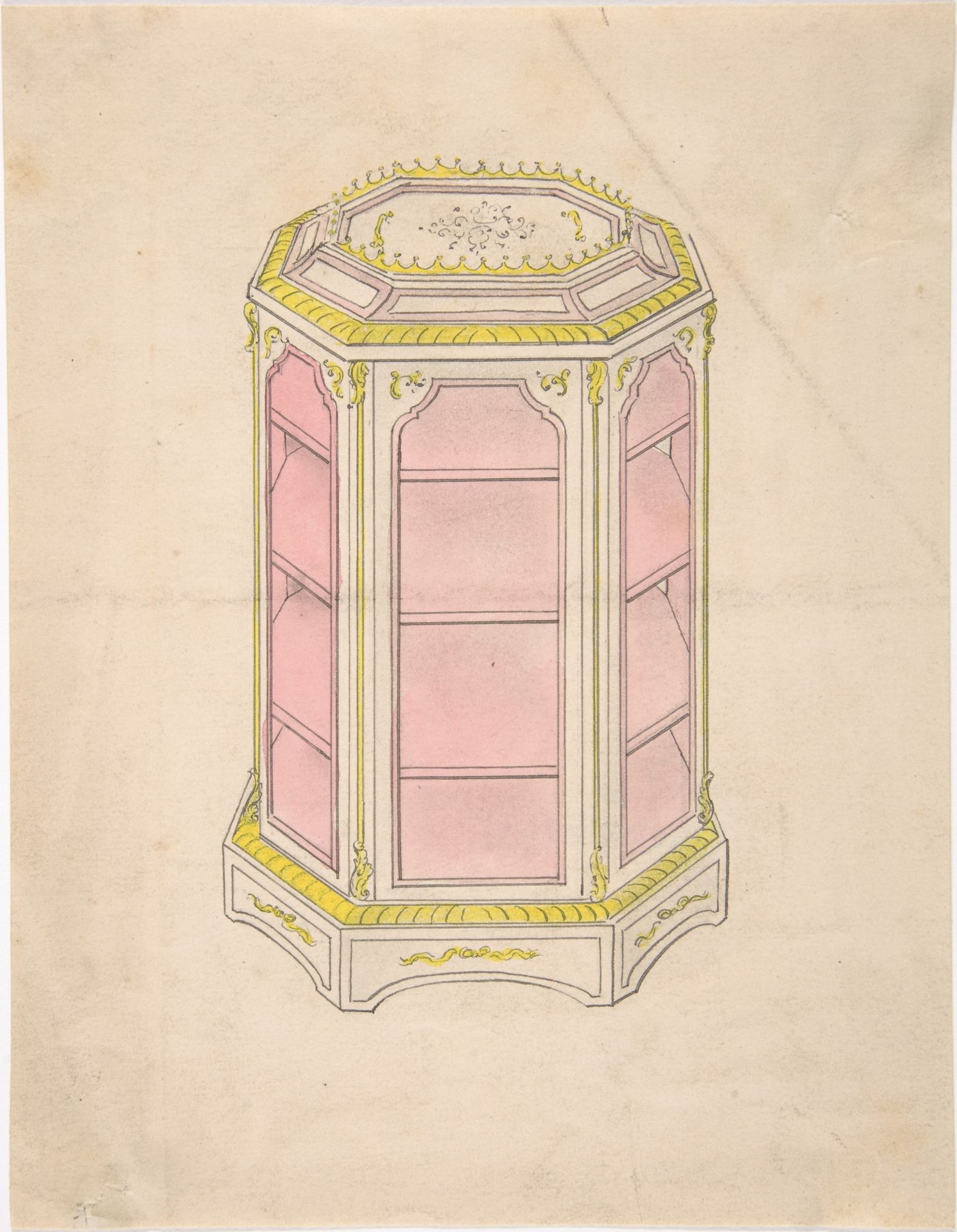 Design for an Octagonal Cabinet with Shelves and a Pink Interior by Anonymous
