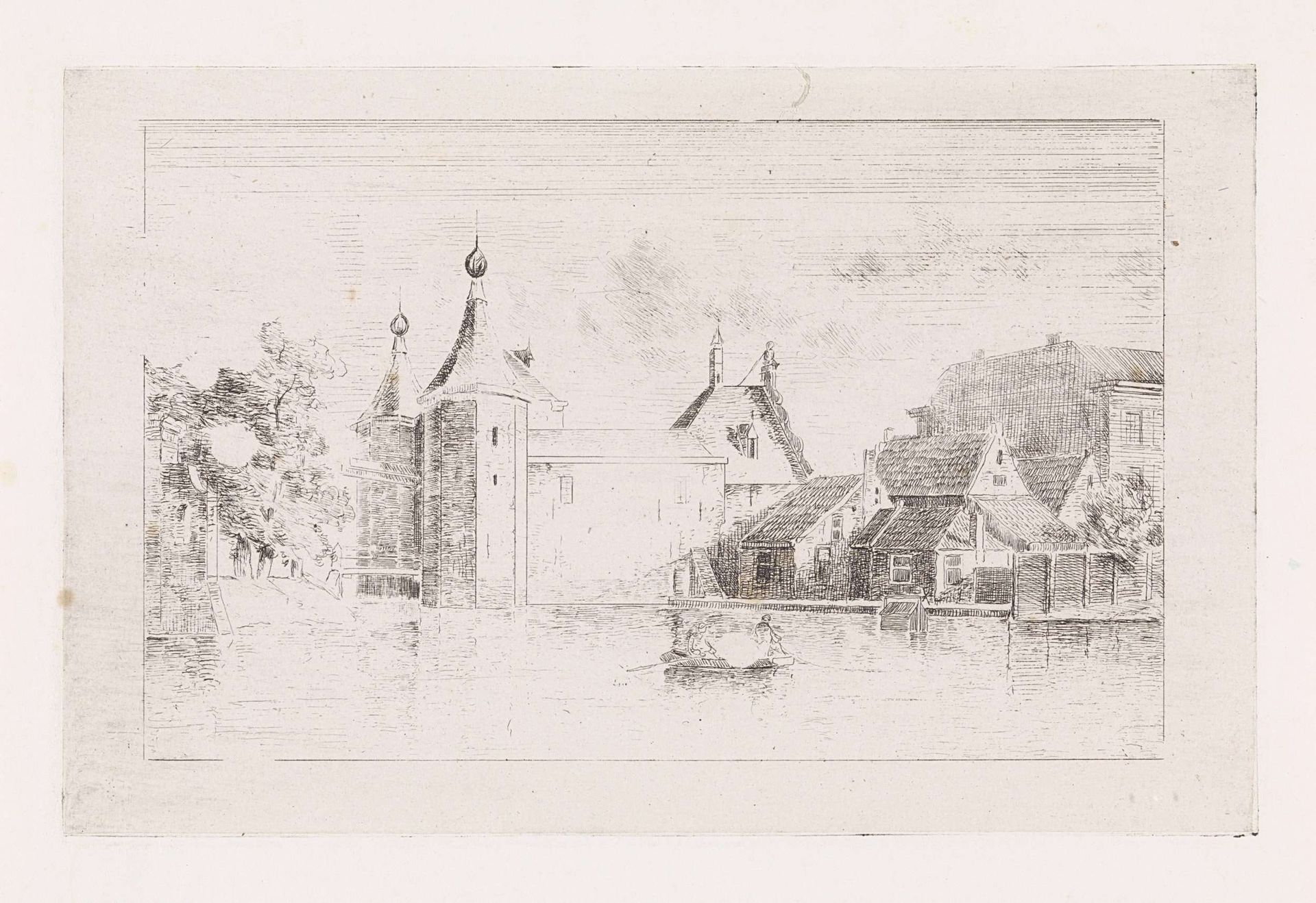 Twee figuren in een boot bij een stadspoort by Gijsbertus Johannes Verspuy