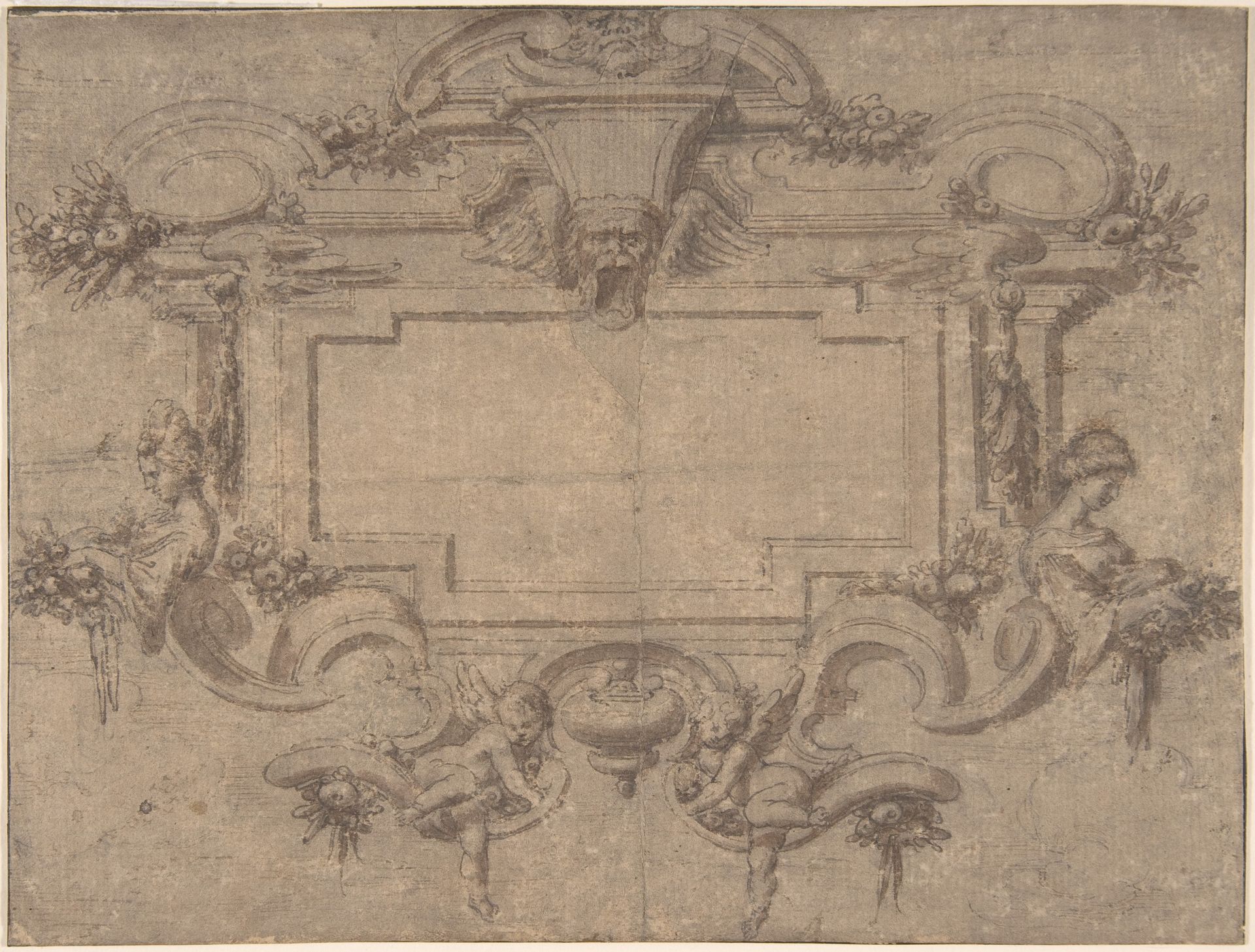 Design for a Cartouche or Wall Panel with Scrollwork, Masks and Female Figures by Anonymous