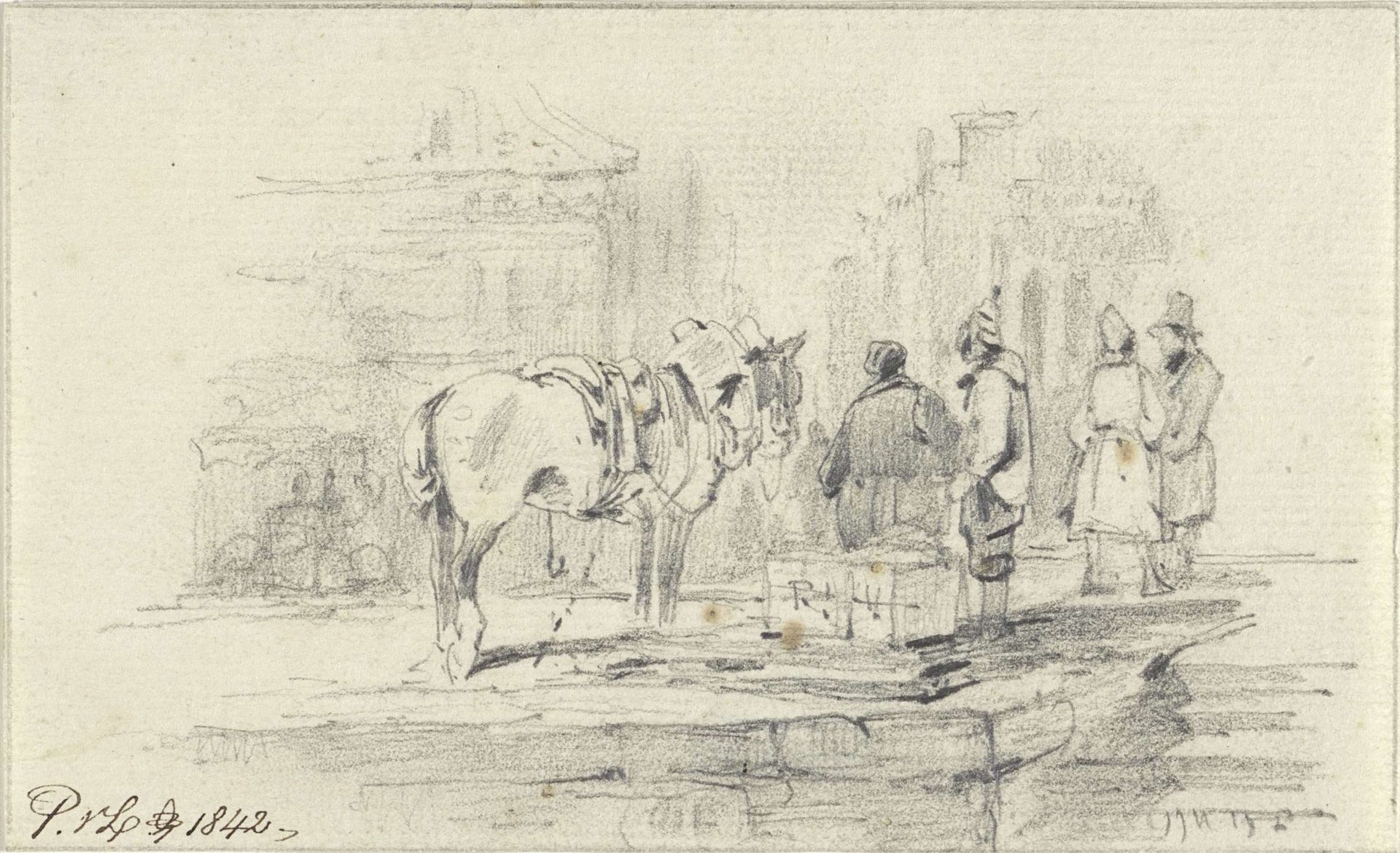 Enkele personen bij een paard op straat by Pieter van Loon