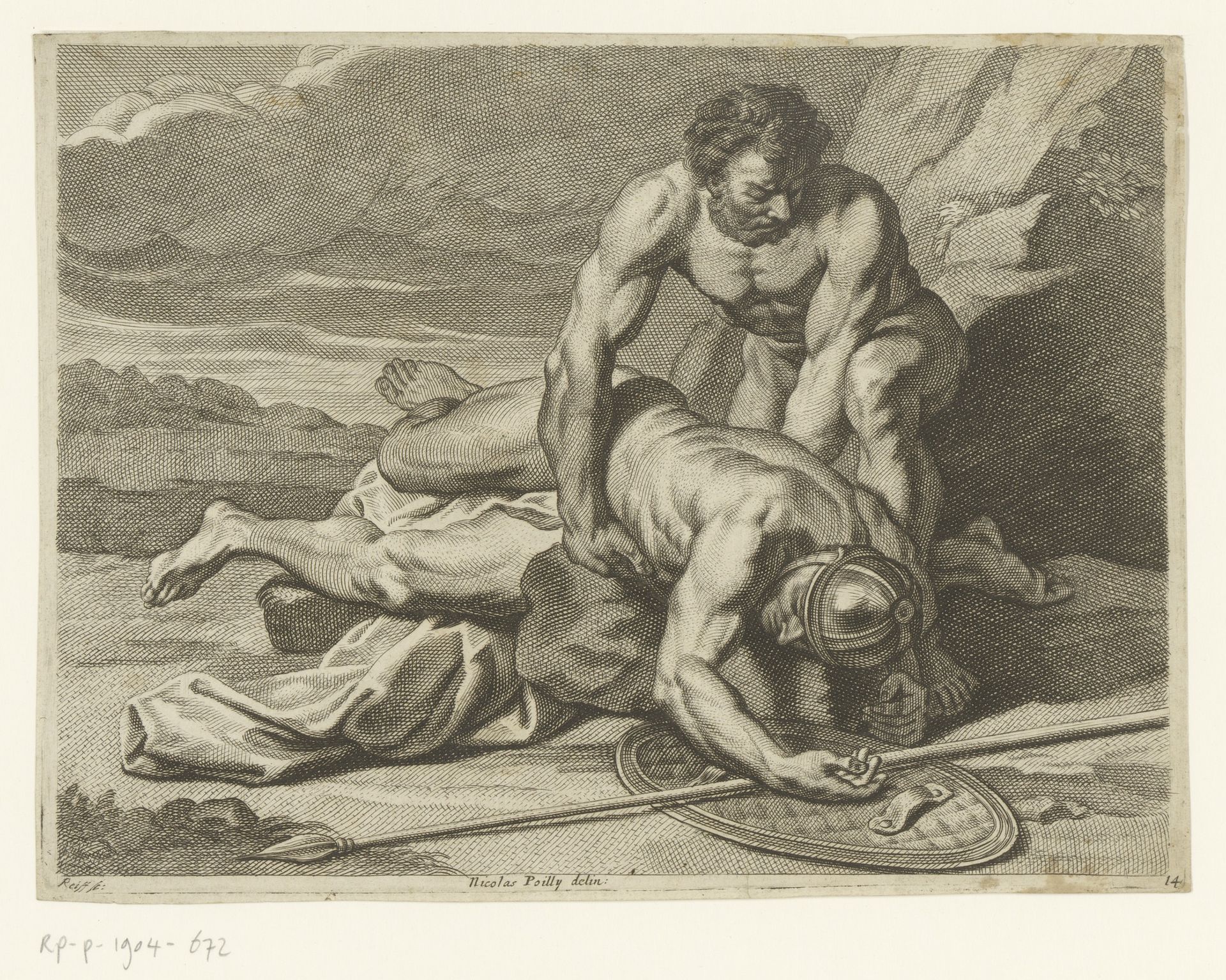 Een man neemt het lijk van een Romeins speerdrager in de armen by Johann Conrad Reiff