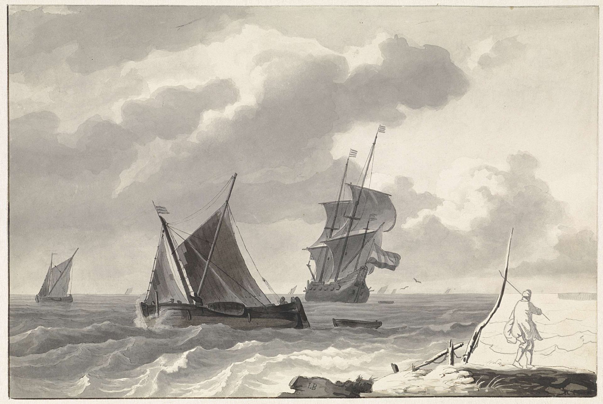 Zeilschepen op woelig water voor de kust by Willem Gruyter jr.
