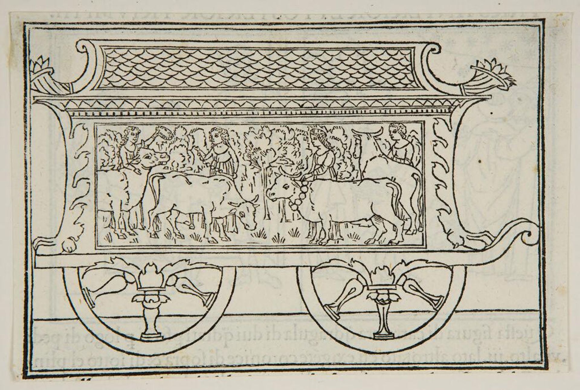Triumphal car, ornamented with reliefs. The relief on the right shows the princess Europa and her maidens crowning the herd with flowers. (fol. k iiii recto) by Anonymous