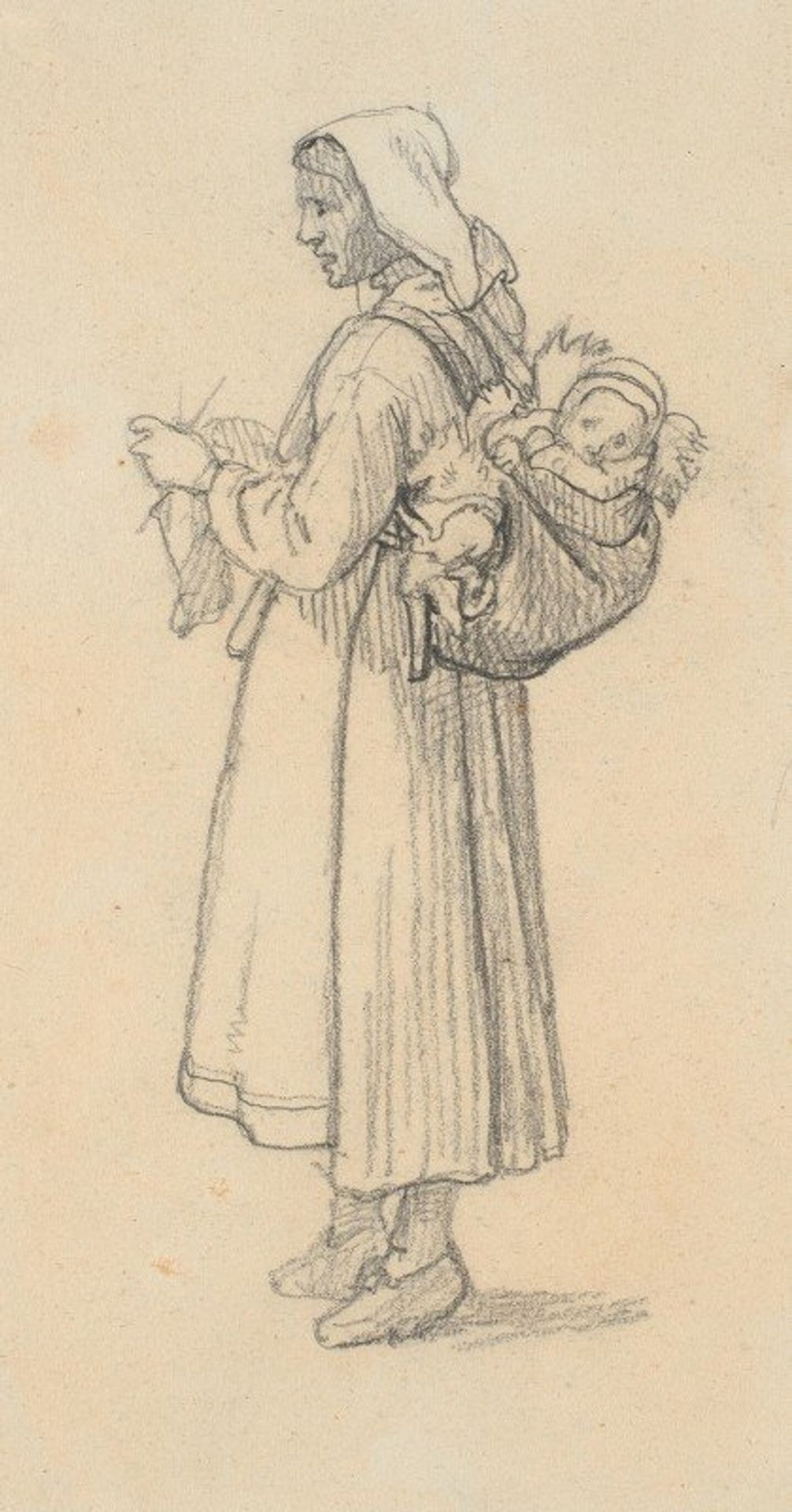 Strikkende svensk kone med et barn på ryggen by Wilhelm Marstrand